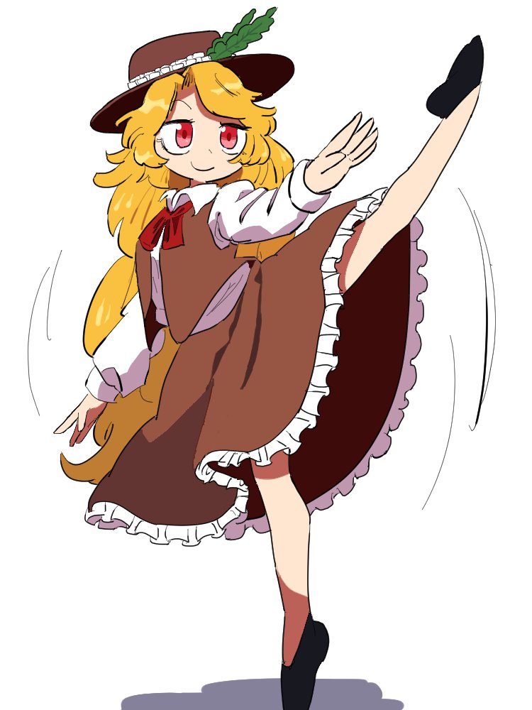 1girl ascot black_footwear blonde_hair brown_headwear brown_skirt brown_vest dancing frilled_skirt frills full_body hat_feather jacket_girl_(dipp) long_hair long_sleeves no_socks open_clothes open_vest puffy_sleeves red_ascot red_eyes shirt simple_background skirt touhou very_long_hair vest white_background white_shirt