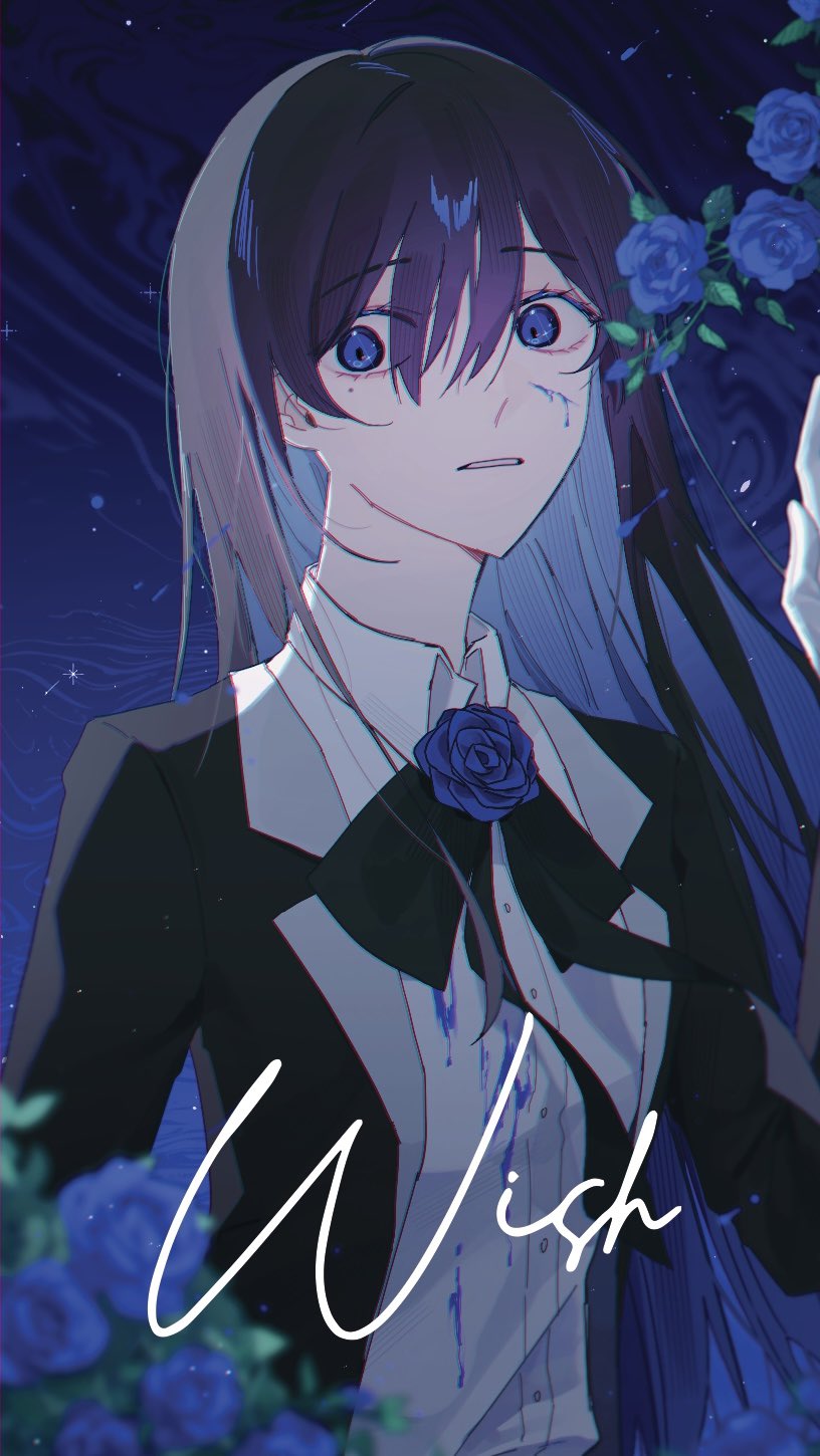 1girl ado_(utaite) black_bow black_bowtie black_coat black_hair blue_eyes blue_flower blue_hair blue_rose blurry bow bowtie chando_(ado) chromatic_aberration cloud_nine_inc coat collared_shirt colored_inner_hair commentary commentary_request depth_of_field dress_shirt floating_hair flower flower_brooch gloves hair_between_eyes highres long_sleeves looking_at_viewer mole mole_under_eye multicolored_hair open_clothes open_coat paint_on_clothes paint_splatter paint_splatter_on_face parted_lips rose shion_(si2lver_k) shirt sky solo star_(sky) starry_sky underwear utaite white_gloves white_shirt