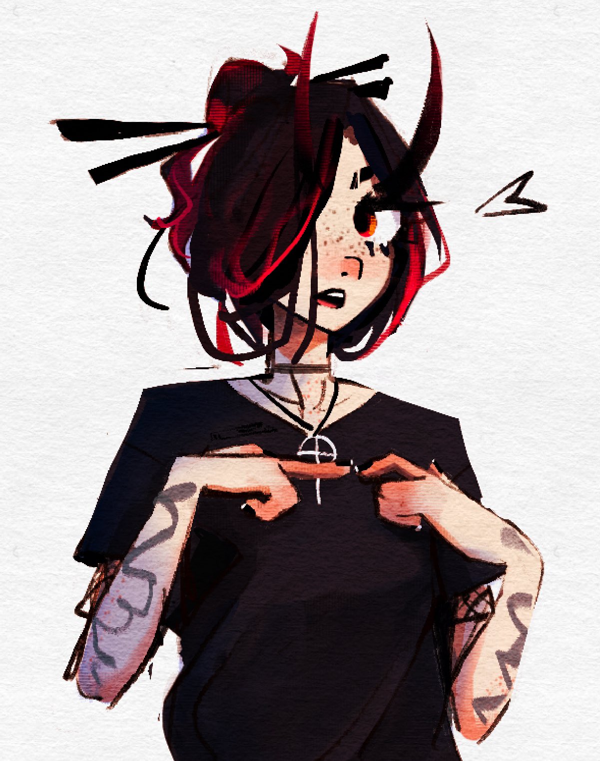 1girl arm_tattoo black_choker black_hair black_shirt choker commentary demon_horns english_commentary hair_bun hair_ornament hair_over_one_eye hair_stick highres horns jewelry messy_hair mrpilo28 multicolored_hair necklace one_eye_covered open_mouth original red_eyes redhead shirt simple_background solo tattoo teeth two-tone_hair upper_body upper_teeth_only white_background