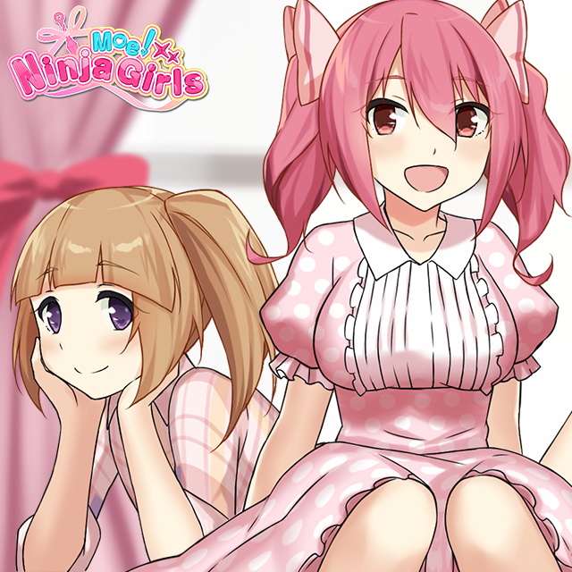2girls :d blurry blurry_background bow breasts brown_hair closed_mouth commentary copyright_name curtains dot_nose dress english_commentary hair_bow hand_on_own_cheek hand_on_own_face hands_on_own_face knees large_breasts light_blush light_brown_hair logo looking_at_viewer moe!_ninja_girls momochi_myu multiple_girls official_art open_mouth pajamas pink_dress pink_eyes pink_hair ponytail puffy_short_sleeves puffy_sleeves second-party_source short_sleeves short_twintails side_ponytail sitting smile split_mouth tokakushi_cy twintails violet_eyes