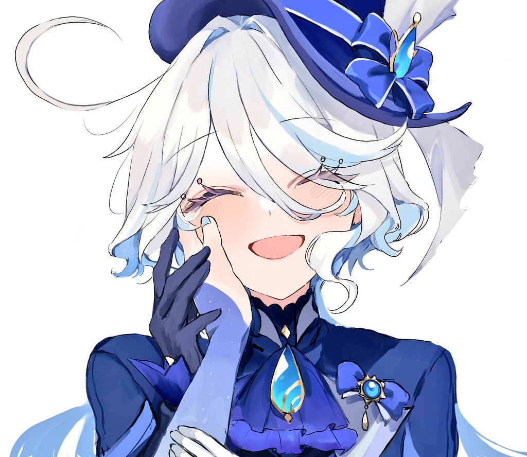 2girls :d ^_^ ahoge ascot blue_ascot blue_bow blue_gemstone blue_hair blue_headwear blue_jacket blue_nails blush bow brooch closed_eyes commentary_request eyelashes fingernails focalors_(genshin_impact) furina_(genshin_impact) gem genshin_impact hair_between_eyes hair_intakes hand_on_another's_cheek hand_on_another's_face hands_up happy_tears hat hat_bow jacket jewelry long_hair long_sleeves multicolored_hair multiple_girls nail_polish open_mouth parted_bangs pov pov_hands shinoo0915 sidelocks simple_background sleeves_past_wrists smile solo_focus streaked_hair swept_bangs tears tilted_headwear top_hat upper_body white_background white_hair