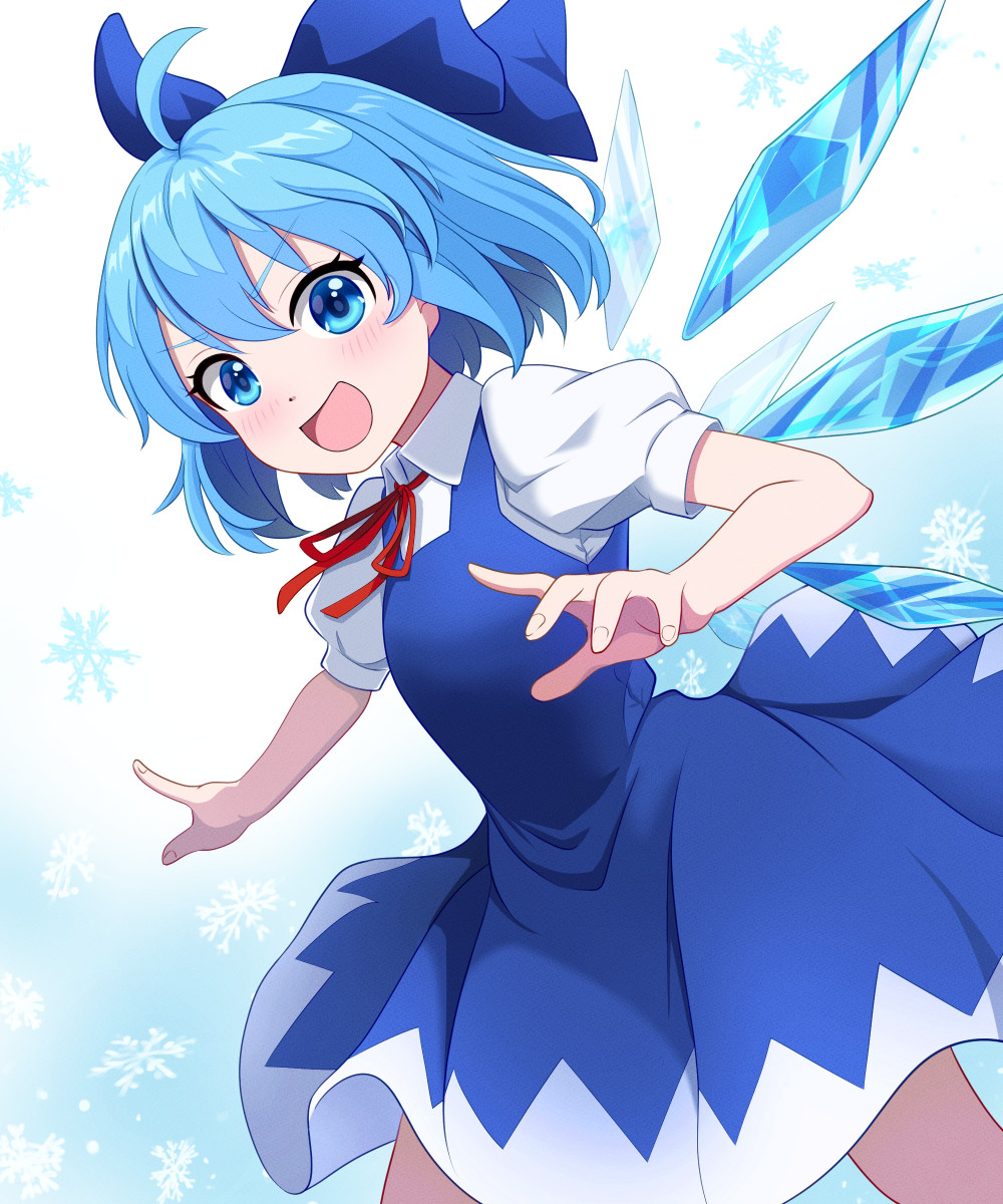 1girl :d ahoge blue_bow blue_dress blue_hair blush bow cirno collared_shirt commentary_request cowboy_shot dress floating_hair hair_between_eyes hair_bow hand_up highres ice ice_wings index_finger_raised kisaragi_koushi looking_at_viewer neck_ribbon open_mouth outstretched_arm puffy_short_sleeves puffy_sleeves red_ribbon ribbon shirt short_hair short_sleeves simple_background sleeveless sleeveless_dress smile smug snowflakes solo tareme touhou v-shaped_eyebrows white_background white_shirt wings