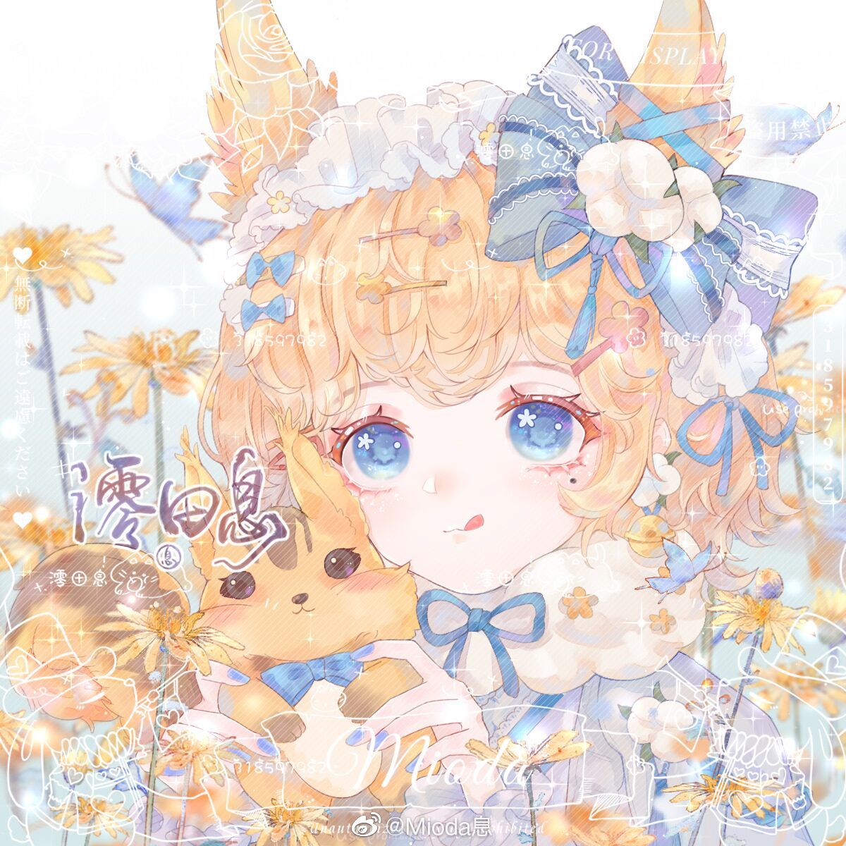 1girl :q animal animal_ears artist_name blonde_hair blue_background blue_bow blue_butterfly blue_eyes blue_nails blue_ribbon blue_sleeves blue_sweater bow bug butterfly chinese_commentary closed_mouth commentary_request cotton_(plant) earrings eyelashes flower flower_earrings flower_in_eye frilled_sleeves frills fur_scarf gradient_background hair_bow hair_ornament hair_ribbon hairband hairclip highres holding holding_animal jewelry light_blush long_sleeves looking_at_viewer mioda_xi mole mole_under_eye multiple_hair_bows nail_polish neck_ribbon original ribbon sample_watermark scarf short_hair solo sparkle squirrel squirrel_ears sweater symbol_in_eye tassel tassel_hair_ornament tongue tongue_out tress_ribbon upper_body watermark weibo_logo weibo_username white_hairband white_scarf yellow_flower