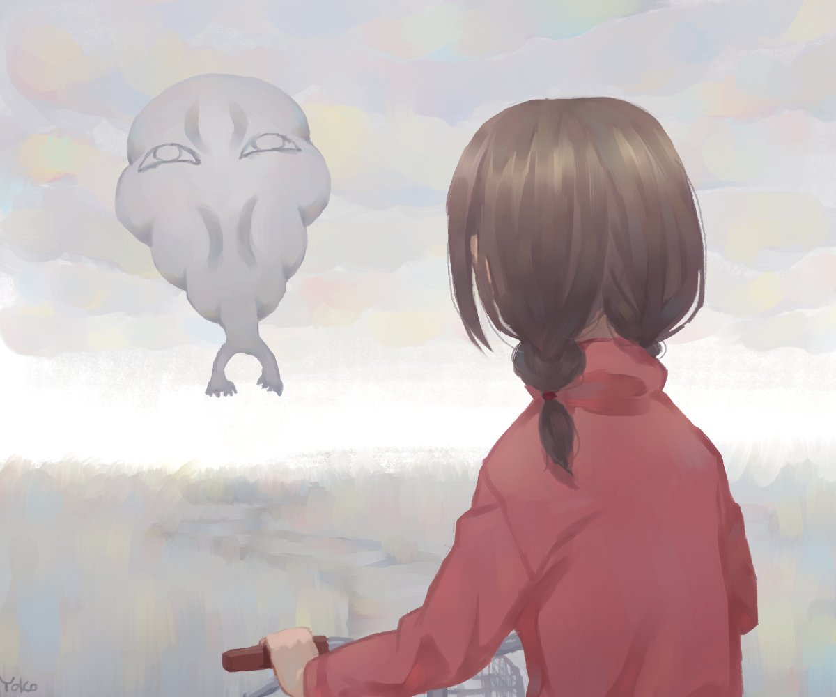 1girl bicycle braid brown_hair clouds cloudy_sky commentary depressionist47 empty_eyes flying fog from_behind hair_over_shoulder hands_up haze holding horizon long_hair long_sleeves looking_up low_twintails madotsuki monster outdoors pink_sweater riding riding_bicycle sky solo sweater takofuusen turtleneck turtleneck_sweater twin_braids twintails upper_body white_eyes white_sky yume_nikki