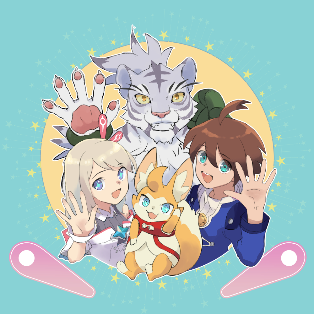+_+ 1girl 3boys :3 ahoge alk_(world_flipper) animal_ear_fluff animal_ears animal_hands animal_nose arm_up bare_shoulders blonde_hair blue_border blue_eyes blue_gemstone blue_jacket blue_pupils body_fur border brown_hair claws collared_shirt colored_sclera commentary_request flat_chest fujise full_body furry furry_male gem grey_fur grey_hair grey_shirt grin hair_between_eyes happy jacket light_(world_flipper) looking_at_viewer medium_hair multicolored_fur multiple_boys nimbus_(world_flipper) notched_ear open_mouth orange_eyes outline pawpads pinball ringed_eyes round_image shirt short_hair sidelocks smile snout star_(symbol) stella_(world_flipper) swept_bangs tail teeth tiger_boy tiger_ears topknot two-tone_fur upper_body violet_eyes waving white_outline world_flipper wrist_cuffs yellow_fur yellow_sclera