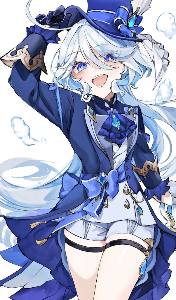 1girl :d ahoge arm_up ascot asymmetrical_gloves blue_ascot blue_bow blue_eyes blue_gemstone blue_gloves blue_hair blue_jacket blush bow brooch buttons commentary_request cowboy_shot drop-shaped_pupils eyelashes floating_hair furina_(genshin_impact) gem genshin_impact gloves hair_between_eyes hair_intakes half_gloves hand_on_headwear heterochromia jacket jewelry lapels long_hair long_sleeves looking_at_viewer mismatched_gloves mismatched_pupils multicolored_hair open_clothes open_jacket open_mouth parted_bangs shinoo0915 shirt short_shorts shorts sidelocks simple_background sleeve_cuffs smile solo streaked_hair swept_bangs symbol-shaped_pupils teeth thigh_strap upper_teeth_only very_long_hair white_background white_gloves white_hair white_shirt white_shorts