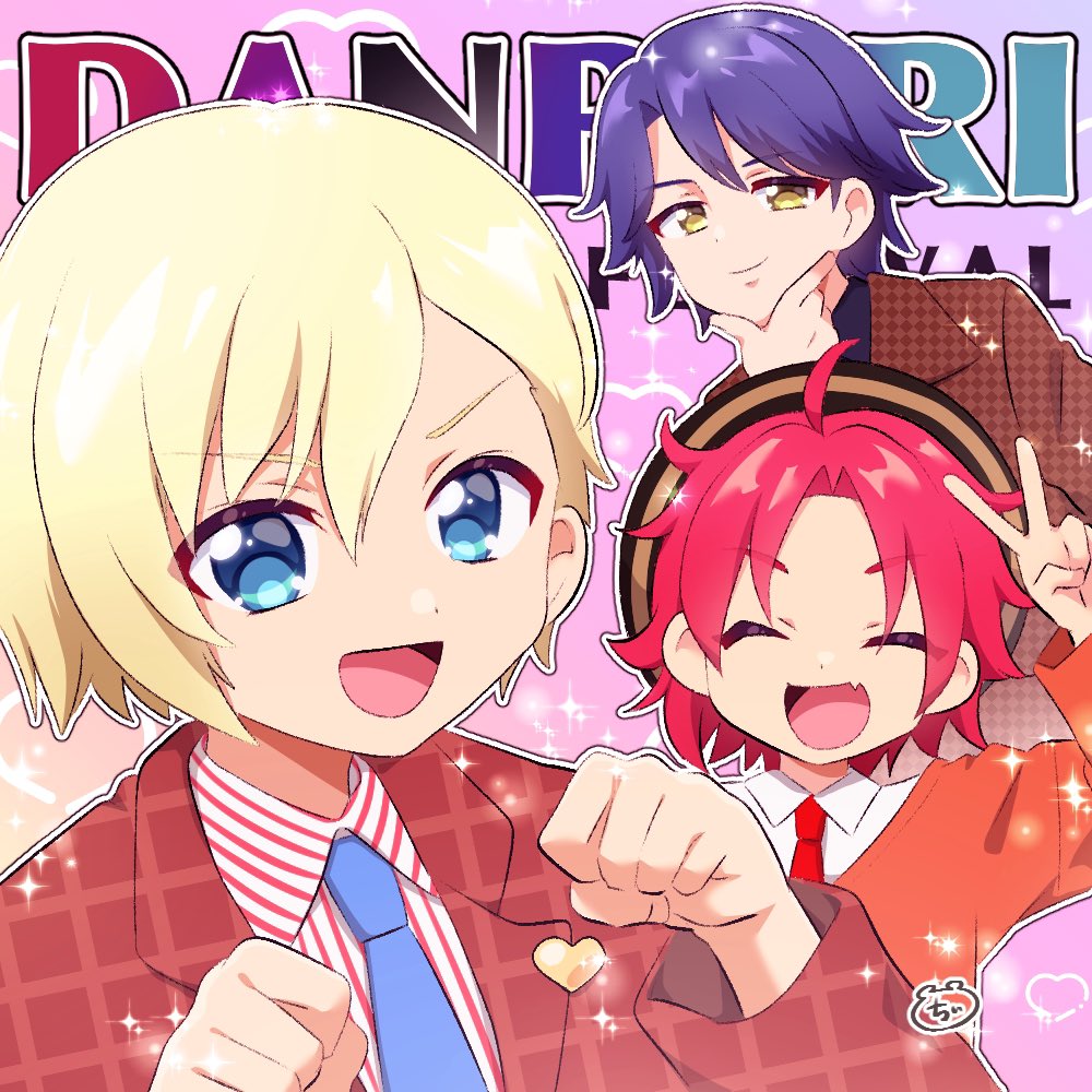 3boys :d ^_^ blonde_hair blue_eyes blue_hair blue_necktie brown_jacket chii_(chi_pppuri) clenched_hands closed_eyes closed_mouth collared_shirt commentary_request facing_viewer fang hand_on_own_chin hand_up hands_up idol_time_pripara jacket long_sleeves looking_at_viewer male_focus mitaka_asahi multiple_boys necktie open_mouth pretty_series pripara purple_hair red_necktie redhead shirt short_hair smile striped_clothes striped_shirt takase_koyoi upper_body v white_shirt yellow_eyes yumekawa_shogo
