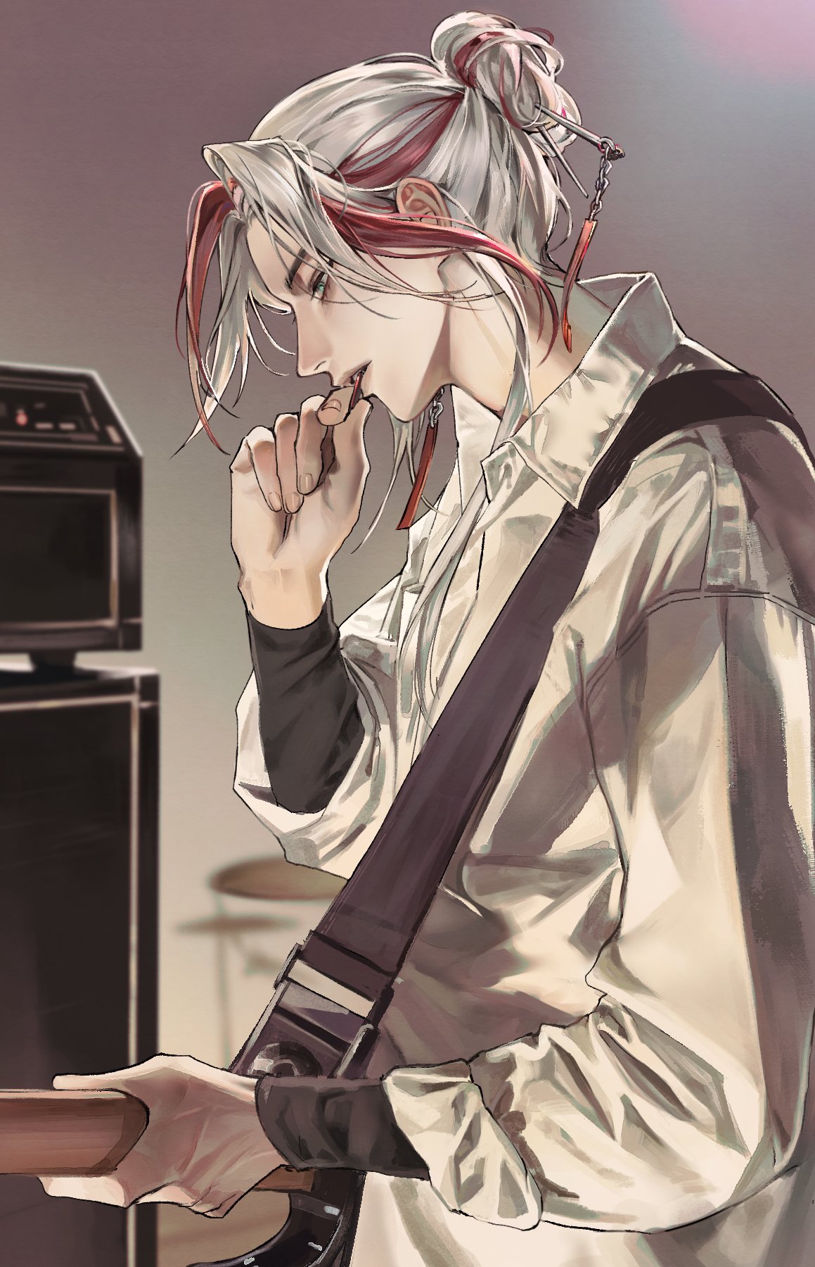 1boy amplifier chhiii_o_o dress_shirt electric_guitar finger_to_mouth from_side green_eyes guitar hair_bun hair_ornament heartsteel_yone highres holding holding_guitar holding_instrument instrument league_of_legends multicolored_hair official_alternate_costume pale_skin parted_lips redhead shirt solo white_hair white_shirt yone_(league_of_legends)