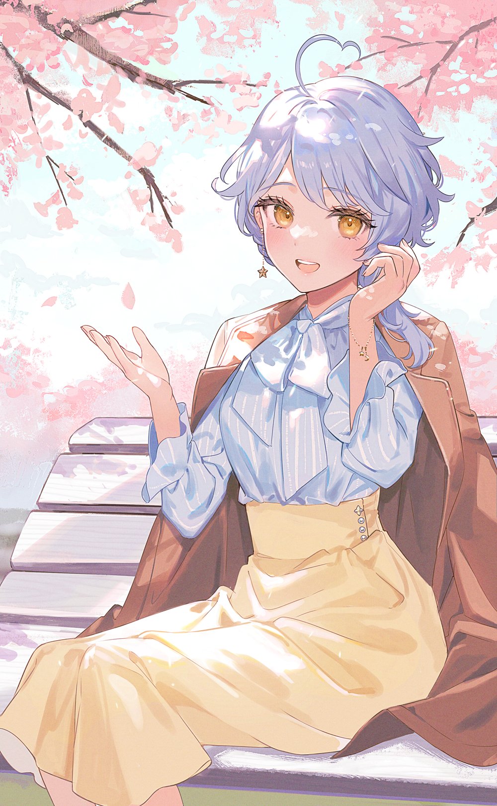 1girl ahoge asymmetrical_hair blue_hair blue_shirt bracelet brown_jacket cherry_blossoms drop_earrings earrings falling_petals hands_up heart heart_ahoge high-waist_skirt highres hoshimi_madoka indie_virtual_youtuber jacket jacket_on_shoulders jewelry long_skirt long_sleeves looking_at_viewer miyako_(xxxbibit) open_mouth outdoors petals second-party_source shirt shirt_tucked_in short_hair sitting skirt smile solo spring_(season) star_(symbol) star_earrings virtual_youtuber wooden_bench yellow_eyes yellow_skirt