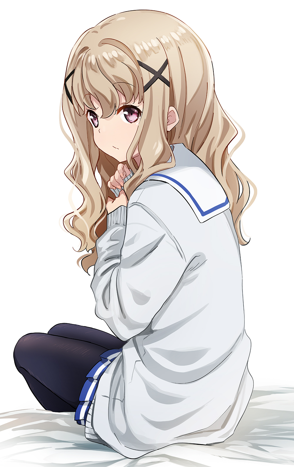 1girl abe_kanari alternate_costume closed_mouth commentary_request hair_between_eyes hair_ornament high_school_fleet highres light_brown_hair long_hair looking_at_viewer pantyhose school_uniform sitting solo uda_megumi violet_eyes white_background x_hair_ornament