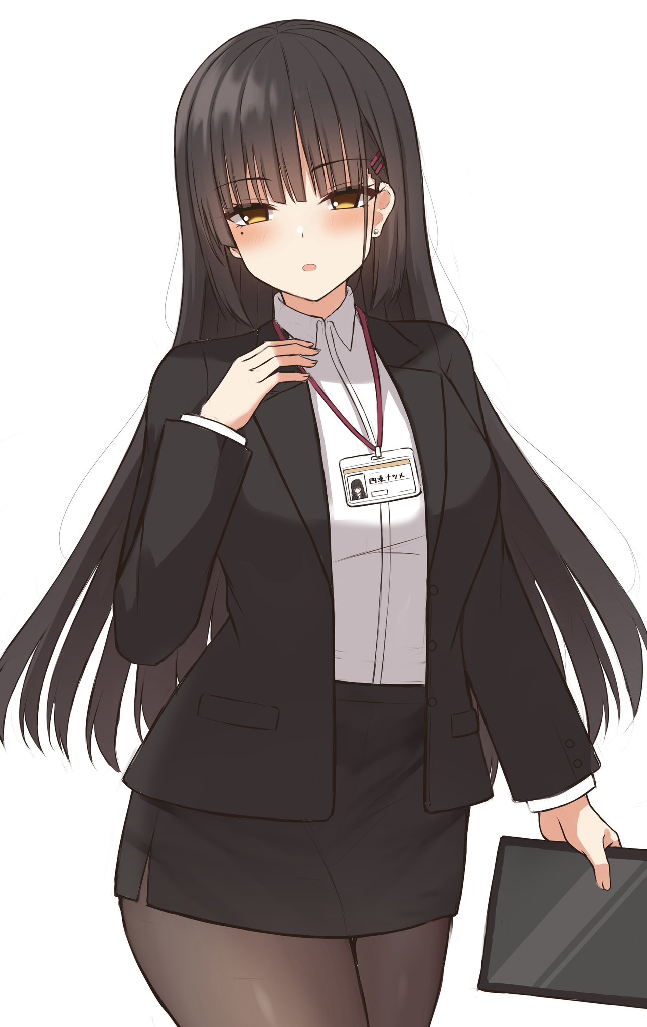 1girl alternate_costume arm_at_side black_hair black_jacket black_pantyhose blunt_bangs blush cafe_stella_to_shinigami_no_chou character_name collared_shirt commentary_request curvy earrings eyelashes hair_ornament hairclip hand_up highres holding holding_tablet_pc id_card jacket jewelry long_hair long_sleeves looking_at_viewer mole mole_under_eye office_lady open_mouth pantyhose ryakusun shiki_natsume shirt sidelocks simple_background solo straight_hair stud_earrings tablet_pc tsurime weapon white_background yellow_eyes