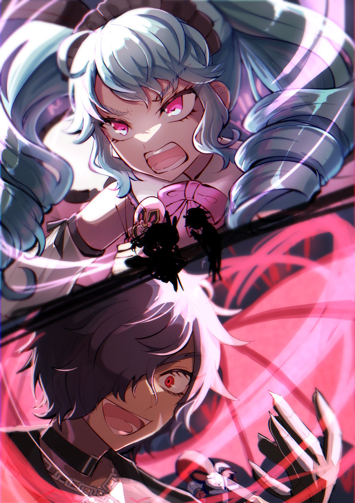 1boy 1girl ajisai_hana_(hydrangea_096) angry black_collar blue_hair bow collar commentary constricted_pupils dark-skinned_male dark_skin demon_wings detached_sleeves drill_hair hair_over_one_eye highres idol_land_pripara katasumi_amari long_hair mario_(pripara) open_mouth pink_bow pink_eyes pretty_series pripara red_eyes red_wings short_hair silhouette smile split_screen symbol-only_commentary twin_drills twintails upper_body vs wings