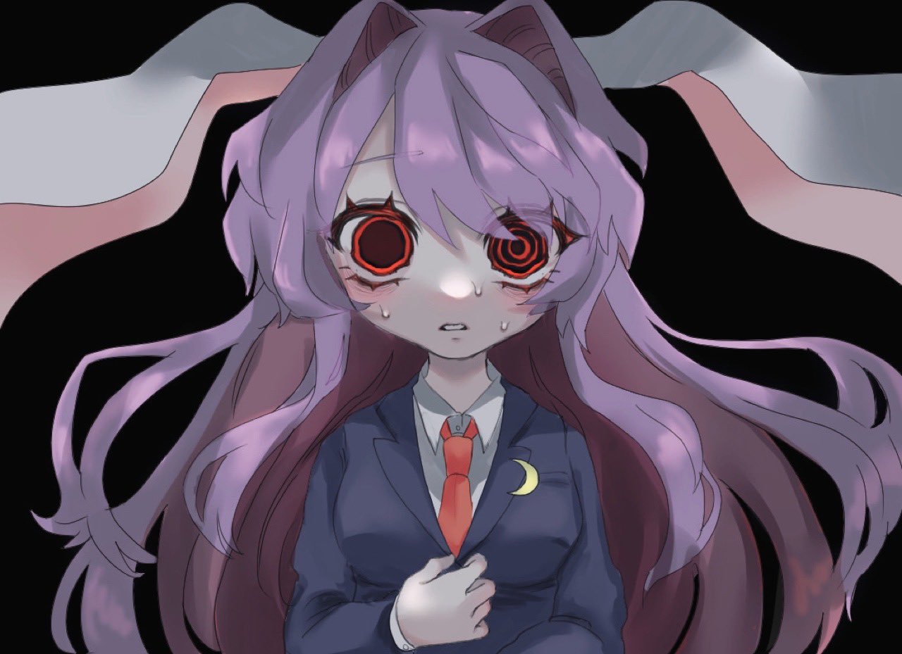 1girl @_@ animal_ears black_background black_jacket blazer blush breasts collared_shirt commentary_request crescent crescent_pin grey_shirt hair_between_eyes hair_intakes haniwa_kue jacket long_hair long_sleeves looking_at_viewer medium_bangs medium_breasts mismatched_pupils necktie parted_lips purple_hair rabbit_ears rabbit_girl red_eyes red_necktie reisen_udongein_inaba shirt simple_background solo sweat touhou upper_body very_long_hair