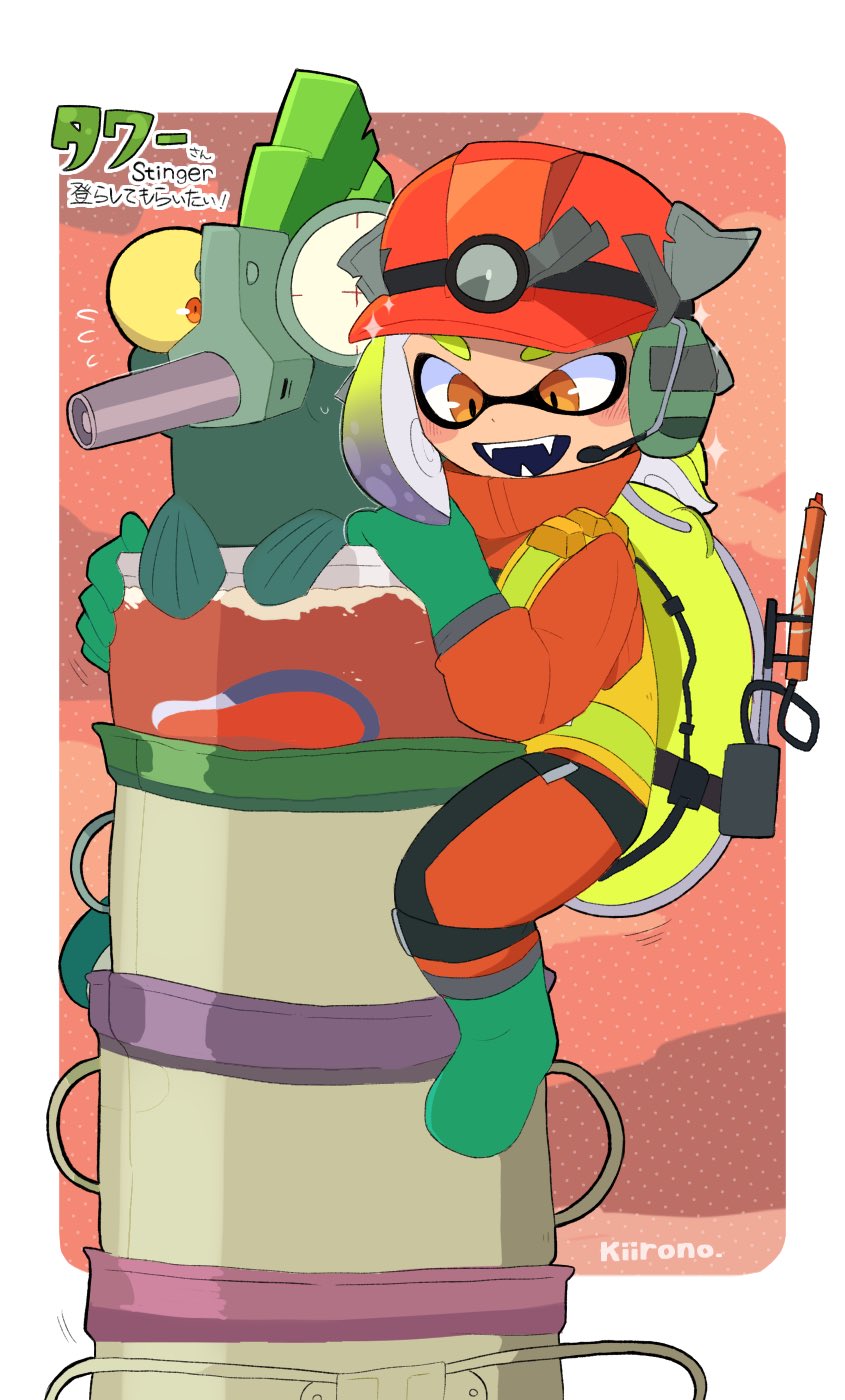 boots brown_eyes character_name fangs flying_sweatdrops gloves green_footwear green_gloves green_hair headphones headset helmet high-visibility_vest highres inkling inkling_girl inkling_player_character kiirono multicolored_hair open_mouth purple_hair rubber_gloves salmon_run_(splatoon) signature simple_background sparkle splatoon_(series) stinger_(splatoon) tentacle_hair yellow_eyes