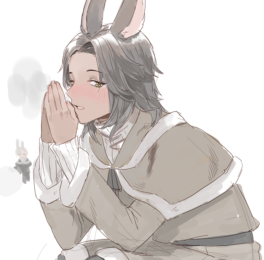 1boy animal_ears blush coat final_fantasy final_fantasy_xiv from_side gg_dal grey_coat grey_hair looking_at_viewer looking_to_the_side male_focus own_hands_together rabbit_ears sideways_glance sitting smile solo viera warrior_of_light_(ff14)