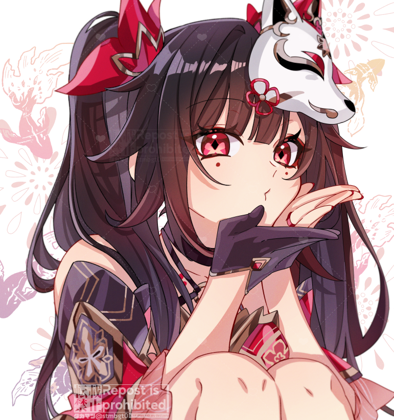 1girl black_gloves bow brown_hair collarbone criss-cross_halter detached_sleeves dress fox_mask gloves hair_bow halterneck hands_on_own_cheeks hands_on_own_face honkai:_star_rail honkai_(series) knees_to_chest long_hair looking_at_viewer mask mask_on_head o-ring puckered_lips red_bow red_dress red_eyes red_sleeves short_sleeves simple_background single_glove sleeveless sleeveless_dress solo sparkle_(honkai:_star_rail) takamatsu_(yamajiai) twintails upper_body white_background