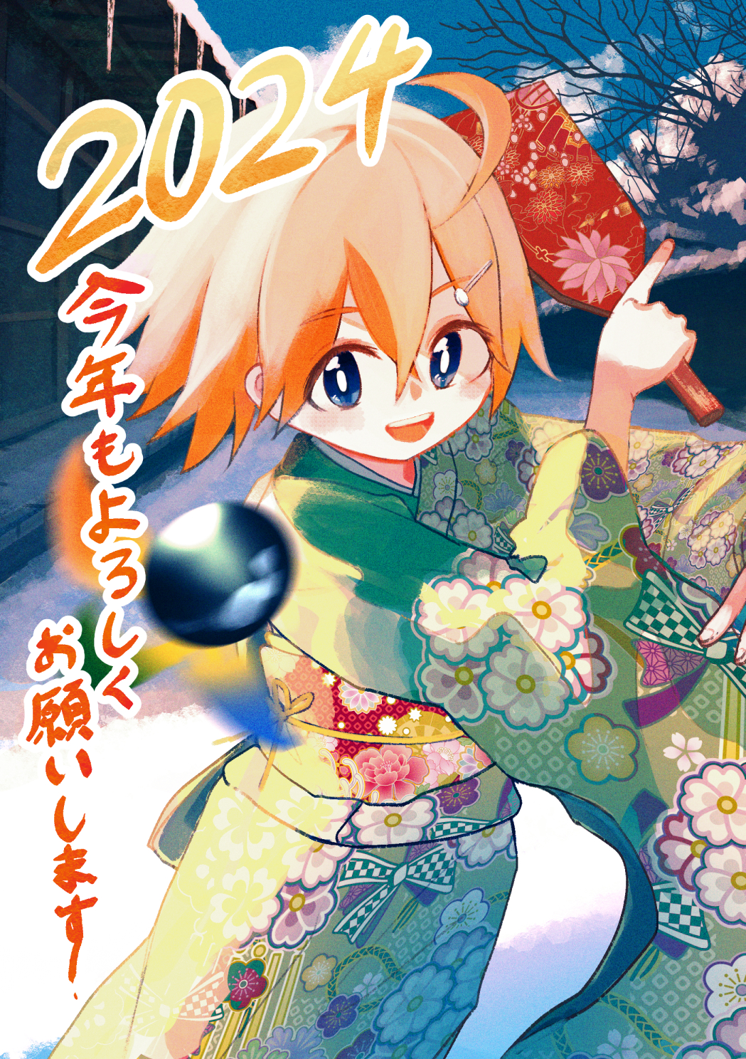 1girl 2024 ahoge blue_eyes clouds commentary_request crossed_bangs floral_print floral_print_kimono green_kimono hagoita hair_between_eyes hair_ornament hairclip hane_(hanetsuki) hanetsuki highres holding holding_paddle icicle inami_hatoko japanese_clothes kimono looking_at_viewer motion_blur obi open_mouth orange_hair original outdoors paddle print_kimono sash short_hair smile snow solo teeth translation_request upper_teeth_only