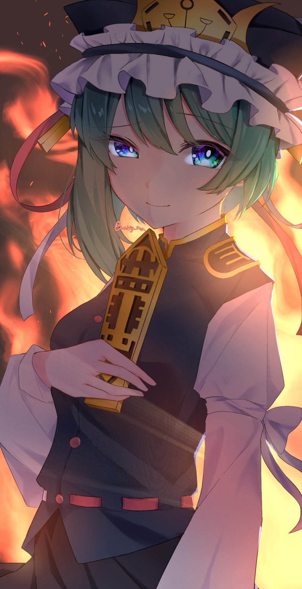 1girl arm_at_side asymmetrical_hair backlighting blue_eyes blue_vest bow bright_pupils closed_mouth commentary_request cowboy_shot eyelashes fire frilled_hat frills green_hair hair_between_eyes hand_up hat highres holding long_sleeves looking_at_viewer noisy_ma rod_of_remorse shiki_eiki shirt short_hair sleeve_bow smile solo touhou tsurime twitter_username vest white_bow white_pupils white_shirt