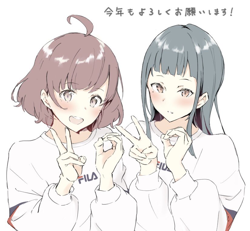 2girls ahoge atenaba blue_hair blush brown_eyes brown_hair commentary_request fila kasukabe_haru long_hair long_sleeves mole mole_under_eye multiple_girls open_mouth parted_lips red_eyes simple_background smile sweater tendouji_musubi tokyo_7th_sisters translation_request upper_body v white_background white_sweater