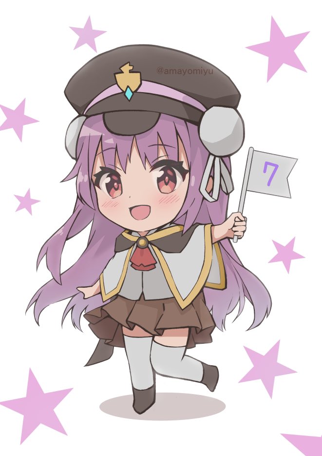 1girl :d amayomiyu arm_at_side ascot black_headwear blush brown_skirt capelet chibi commentary_request countdown_illustration double_bun eyes_visible_through_hair flag hair_between_eyes hair_bun hand_up happy hat heaven_burns_red holding holding_flag kunimi_tama long_hair looking_at_viewer military_hat miniskirt open_mouth pink_hair pleated_skirt red_ascot red_eyes shirt simple_background skirt smile solo standing standing_on_one_leg star_(symbol) thigh-highs twitter_username white_background white_capelet white_shirt white_thighhighs zettai_ryouiki