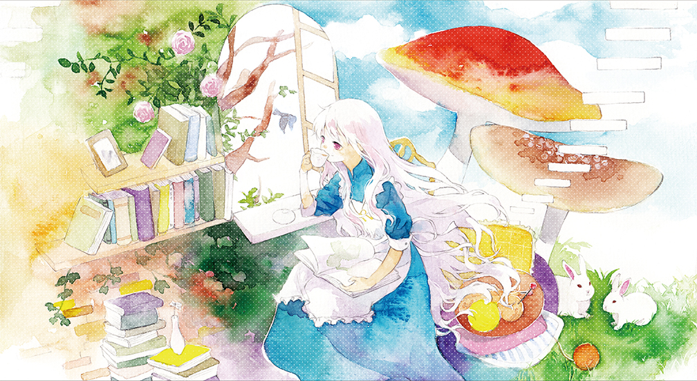1girl apron base blue_dress book book_stack bookshelf branch brick_wall clouds cup dress drinking egg flower frilled_apron frills grass halftone hand_up holding holding_book holding_cup indoors kagerou_project kozakura_marry long_hair moekon mushroom open_book open_window pink_flower pink_rose plant rabbit rose sky solo teacup white_apron white_hair window windowsill