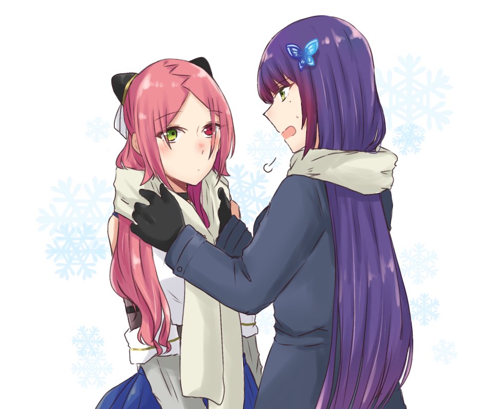 2girls adjusting_another's_clothes adjusting_scarf arms_at_sides assault_lily black_gloves black_jacket blue_skirt blush butterfly_hair_ornament closed_mouth commentary cowboy_shot detached_sleeves eye_contact funada_kiito gloves green_eyes grey_scarf hair_ornament hairpods hands_up jacket layered_sleeves long_hair long_sleeves looking_at_another mole mole_under_eye multiple_girls nigari_(ngari_0115) nose_blush odaiba_girls_high_school_uniform open_mouth parted_bangs profile puff_of_air purple_hair red_eyes redhead scarf school_uniform shiba_tomoshibi shirt skirt sleeveless sleeveless_shirt snowflake_background standing sweatdrop very_long_hair white_background white_shirt