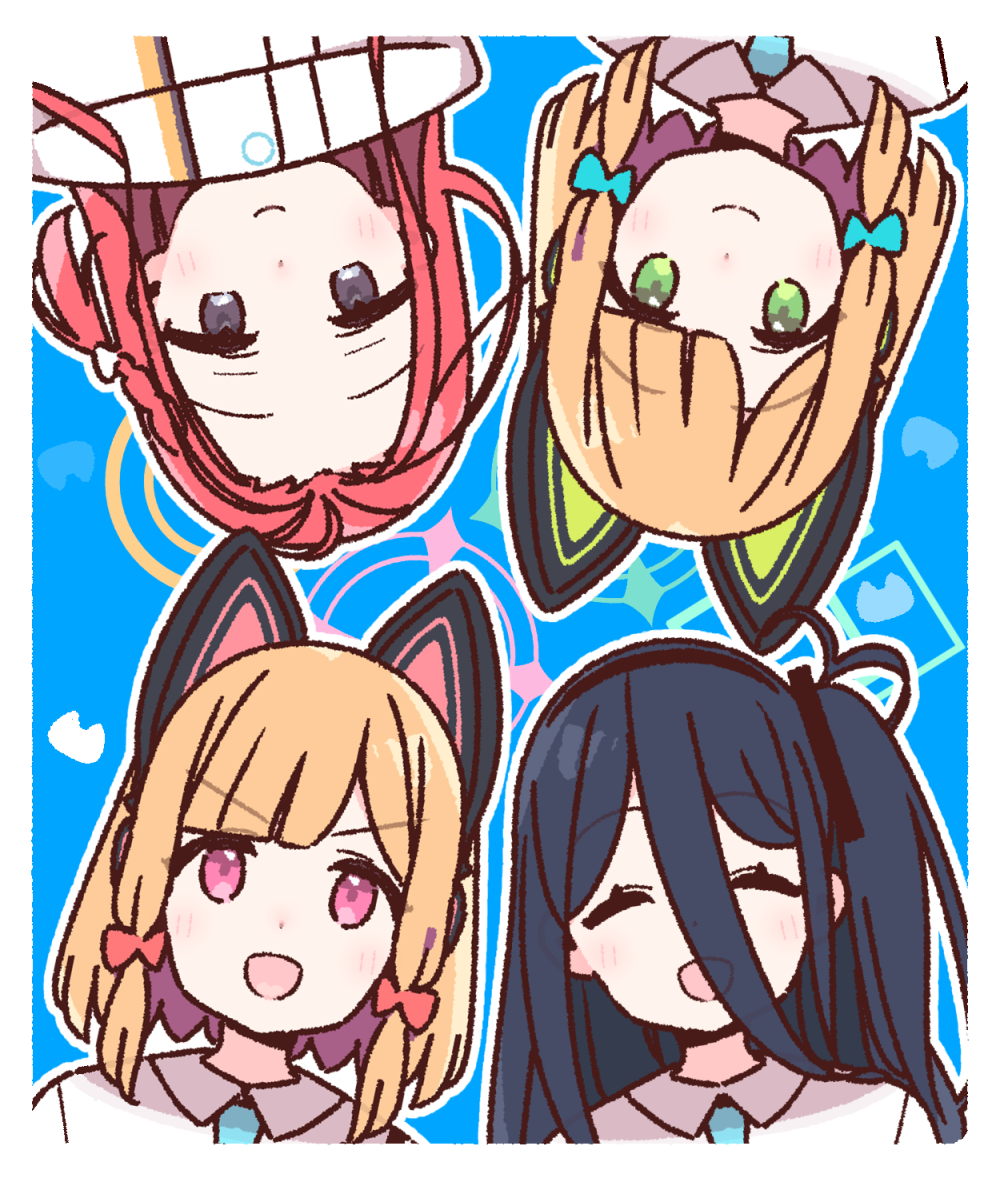 4girls animal_ear_headphones animal_ears aris_(blue_archive) black_eyes black_hair blonde_hair blue_archive border bow cat_ear_headphones circle_formation closed_mouth commentary_request dot_nose facing_viewer fake_animal_ears game_development_department_(blue_archive) green_eyes hair_between_eyes hair_bow halo headphones long_bangs looking_at_viewer midori_(blue_archive) momoi_(blue_archive) multiple_girls open_mouth pink_eyes portrait redhead siblings sisters twins upside-down white_border yoru_nai yuzu_(blue_archive)