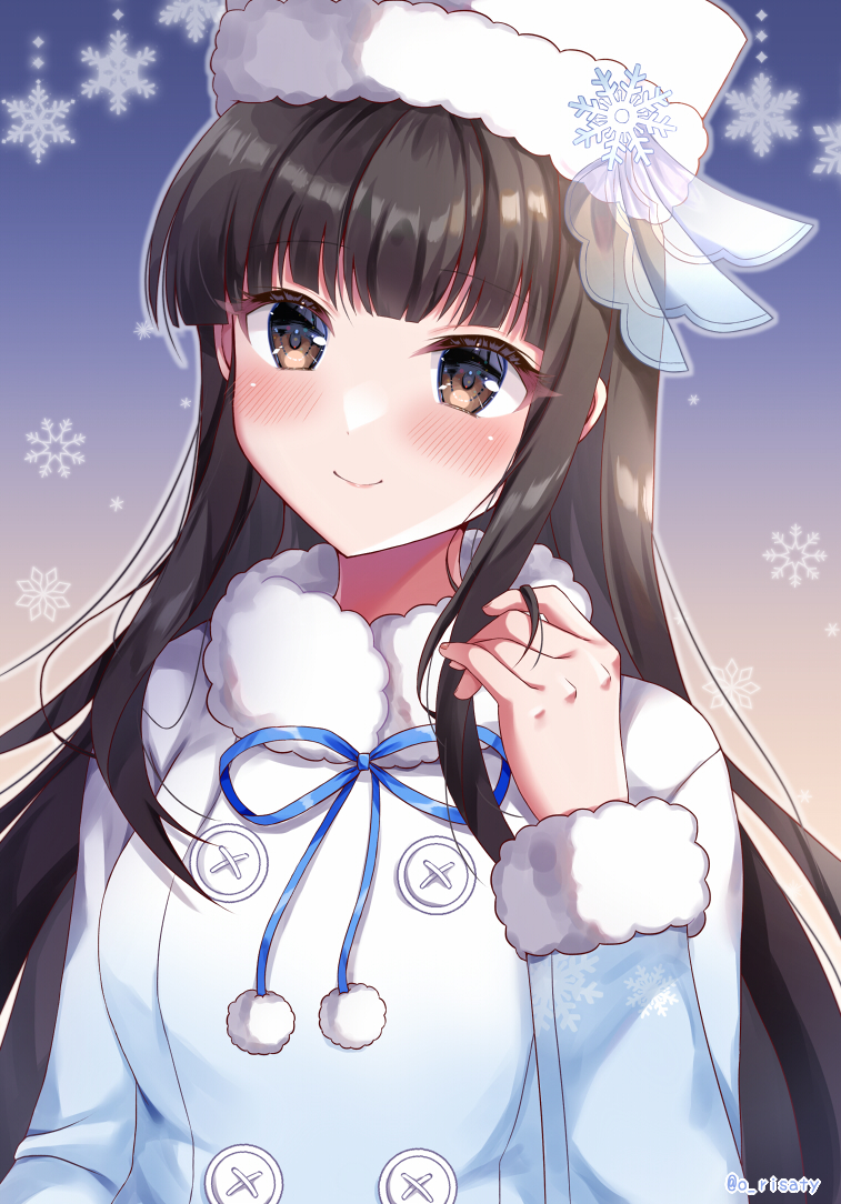 1girl artist_name birthday black_hair blue_ribbon blunt_bangs blush breasts brown_eyes buttons closed_mouth coat commentary_request dot_nose eyelashes fingernails fur-trimmed_coat fur_collar fur_trim gradient_background gradient_clothes gradient_coat hand_in_own_hair hand_up hat high_collar hime_cut idol idol_clothes idolmaster idolmaster_cinderella_girls kurokawa_chiaki long_sleeves looking_back medium_bangs medium_breasts multicolored_clothes multicolored_coat neck_ribbon official_alternate_costume pom_pom_(clothes) ribbon sakura_umi see-through sidelocks smile snowflake_background snowflake_hat_ornament snowflakes solo standing straight-on straight_hair twitter_username upper_body white_headwear winter_clothes