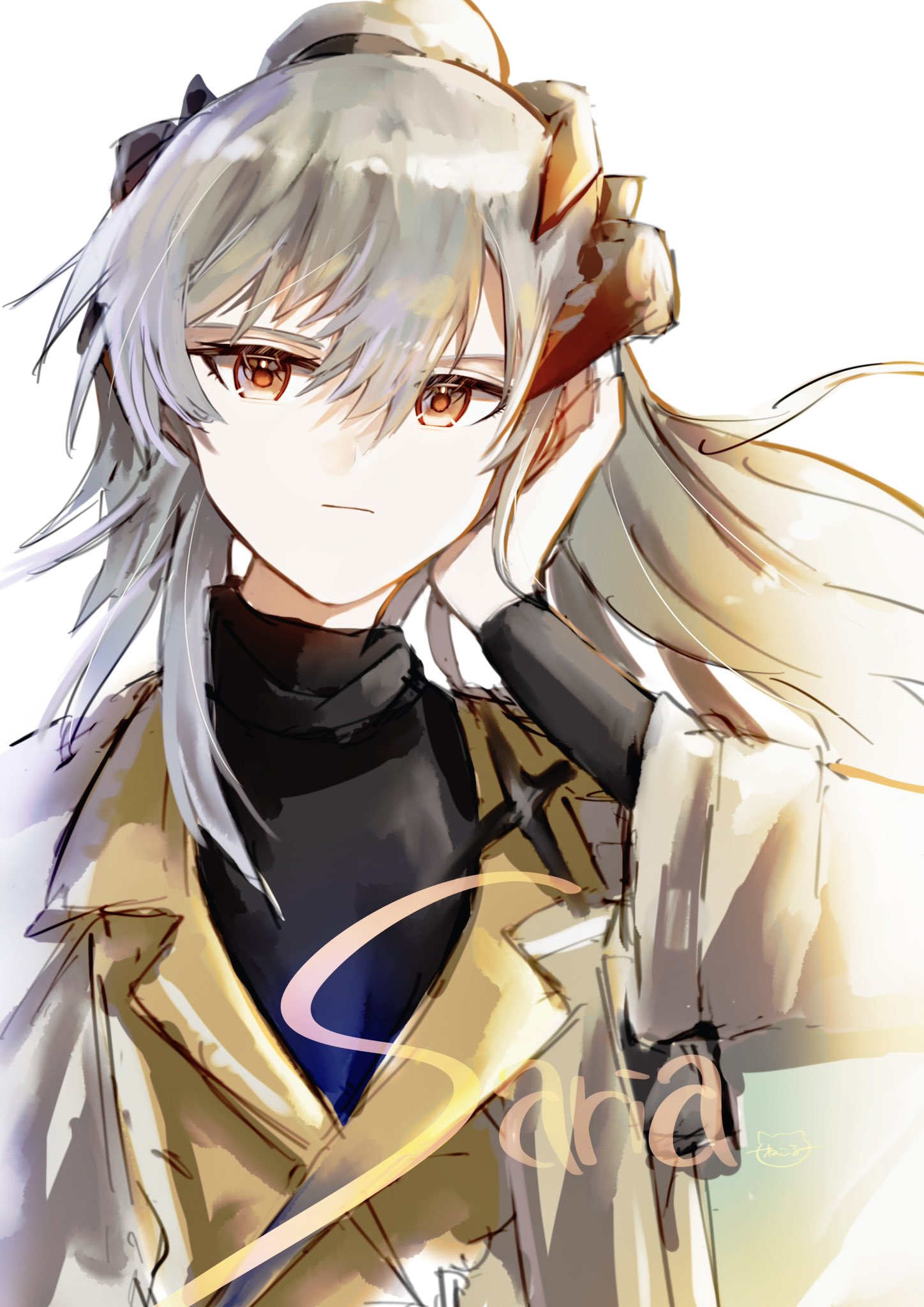 1girl :| arknights black_sweater closed_mouth expressionless grey_eyes grey_hair hair_between_eyes hand_on_own_head highres jacket long_hair long_sleeves looking_at_viewer orange_pupils ponytail portrait saria_(arknights) sidelocks signature simple_background solo sweater tukaima turtleneck turtleneck_sweater white_background white_jacket