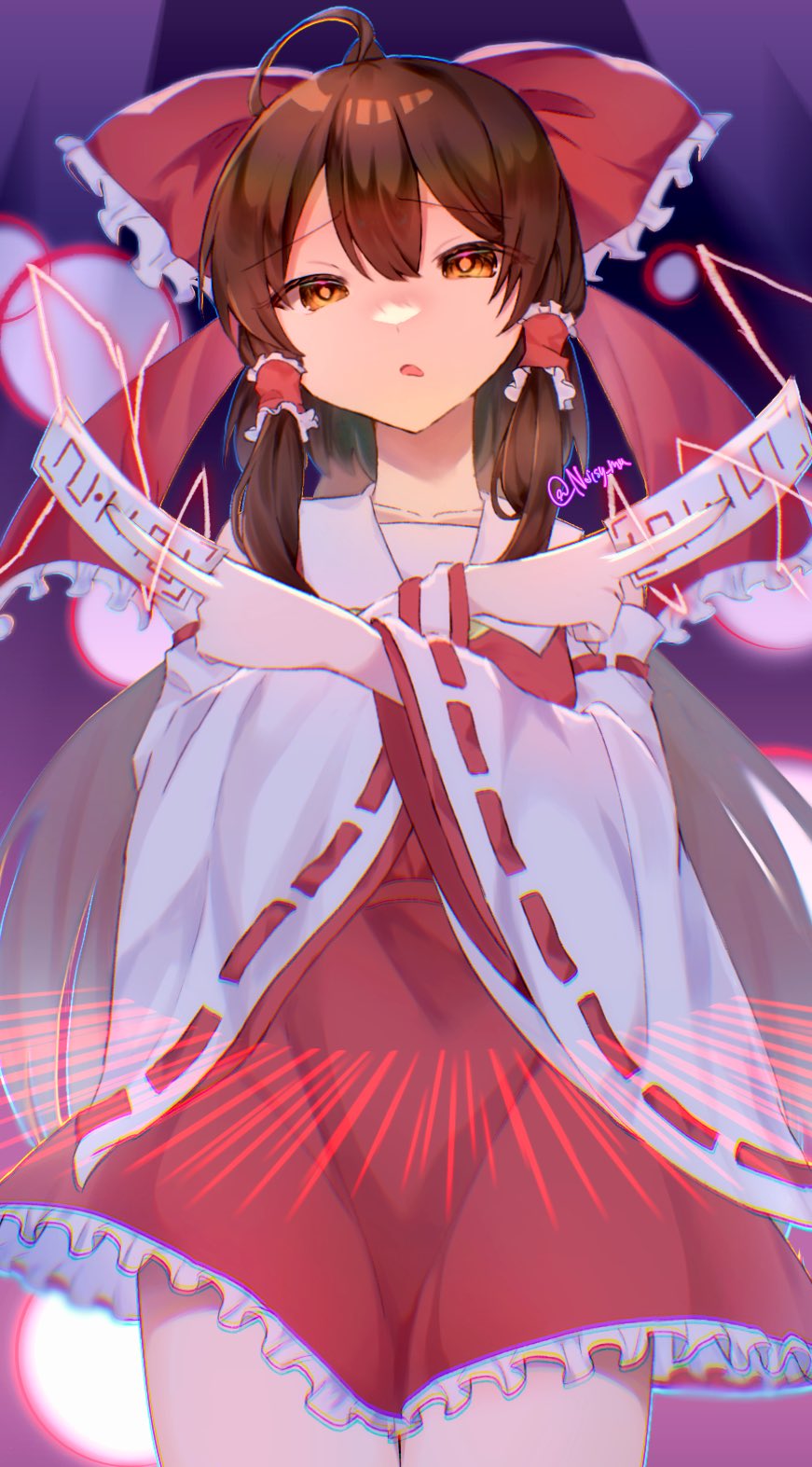 1girl ahoge bow bright_pupils brown_eyes brown_hair commentary cowboy_shot crossed_arms danmaku detached_sleeves double-parted_bangs eyes_visible_through_hair fighting_stance frilled_bow frilled_hair_tubes frilled_skirt frills frown hair_between_eyes hair_bow hair_tubes hakurei_reimu hands_up hashtag_only_commentary highres holding holding_paper huge_bow long_hair long_sleeves looking_at_viewer noisy_ma nontraditional_miko open_mouth paper red_bow red_skirt ribbon-trimmed_sleeves ribbon_trim sidelocks skirt solo straight-on touhou tsurime twitter_username wide_sleeves