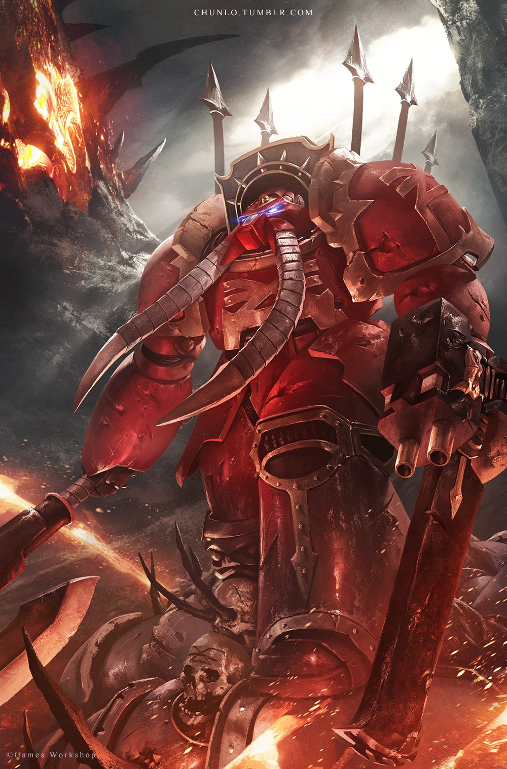 1boy adeptus_astartes armor ashes axe bayonet blue_eyes bullet chainsaw chaos_space_marine chun_lo clouds cloudy_sky death fire full_armor glowing glowing_eyes gun helmet highres holding holding_axe holding_gun holding_weapon male_focus power_armor red_armor shoulder_armor sign_of_khorne skull sky smoke solo spikes tumblr_username tusks warhammer_40k weapon