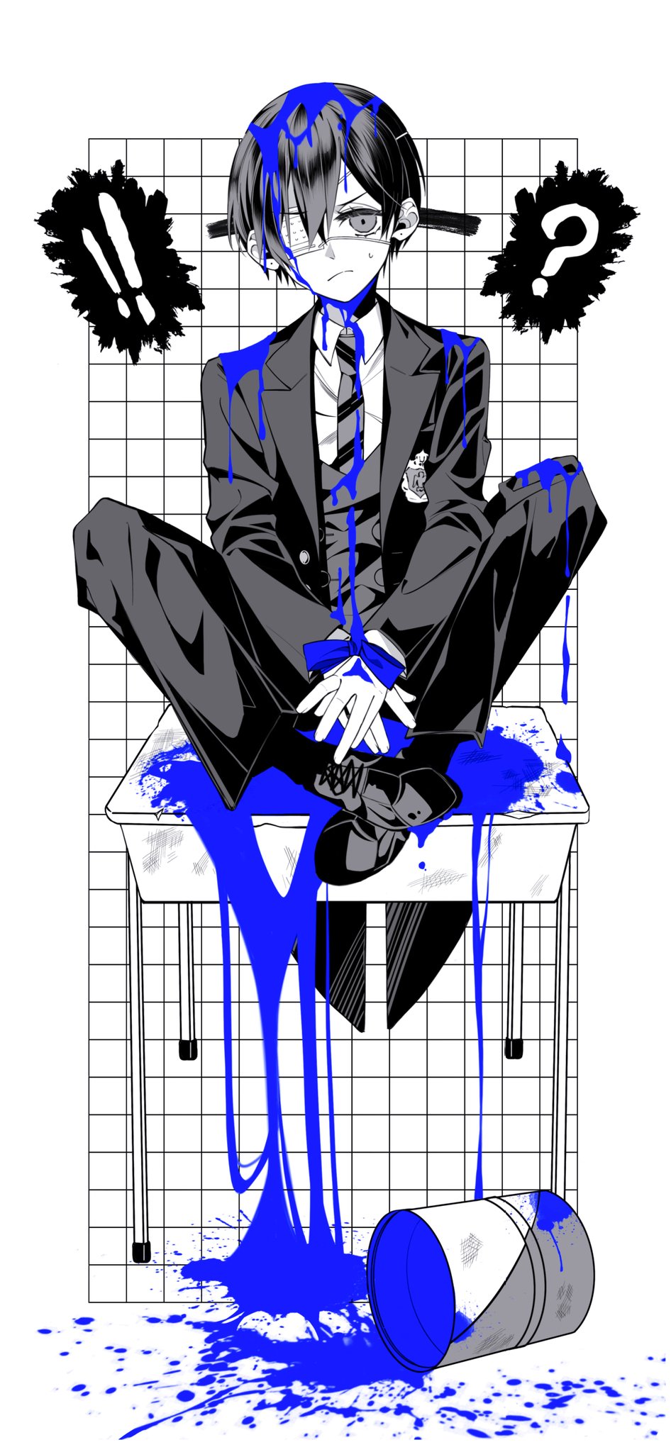 ! !! 1boy ? between_legs bishounen blue_ribbon ciel_phantomhive closed_mouth earrings expressionless eyepatch hand_between_legs highres jacket jewelry kuroshitsuji leslielll3 looking_at_viewer male_focus monochrome necktie paint paint_can paint_on_clothes paint_splatter pants partially_colored ribbon shirt shoes short_hair simple_background sitting sitting_on_table solo sweatdrop table tile_wall tiles white_background