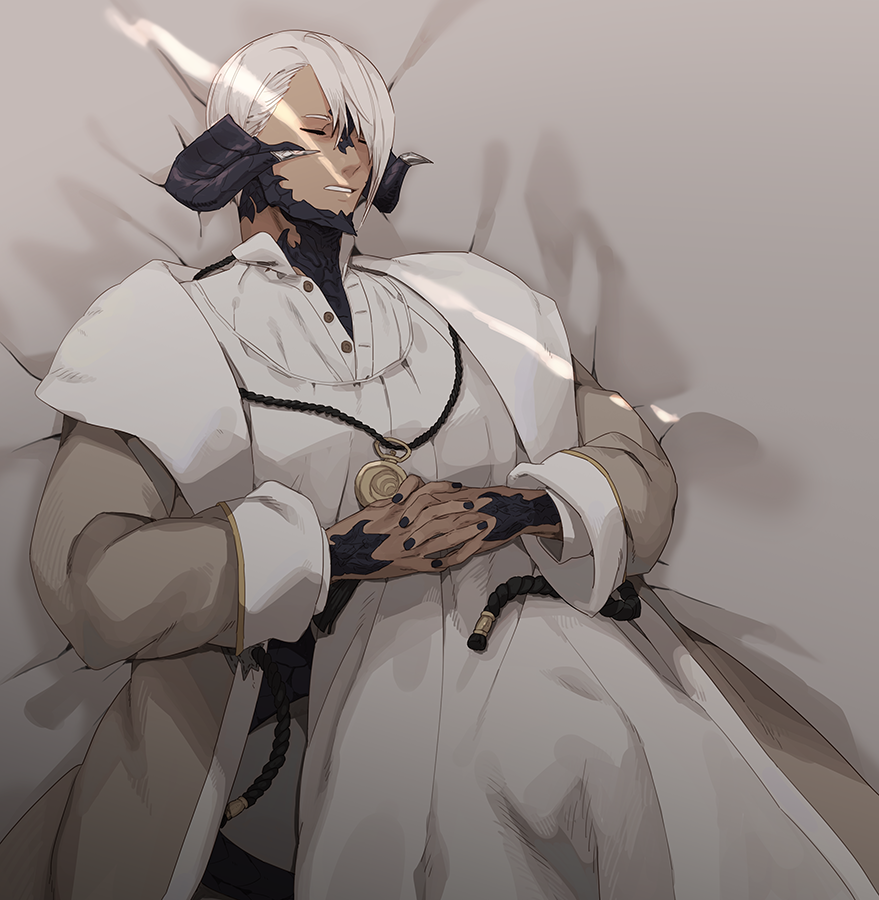1boy au_ra black_nails closed_eyes coat final_fantasy final_fantasy_xiv fingernails from_above gg_dal grey_coat horns interlocked_fingers jewelry lying male_focus nail_polish necklace on_back on_bed own_hands_together parted_lips short_hair sleeping solo warrior_of_light_(ff14) white_hair