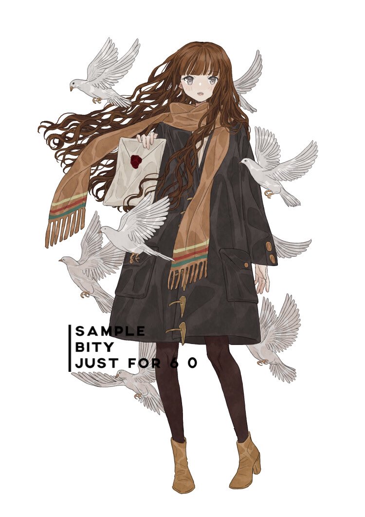 1girl artist_name bird bity3155660241 black_coat black_pantyhose black_sleeves blunt_bangs boots brown_hair buttons coat commentary_request dove envelope eyelashes fringe_trim full_body grey_eyes hair_lift high_heel_boots high_heels holding holding_envelope lapels long_hair long_sleeves looking_at_viewer notched_lapels open_mouth orange_scarf original pantyhose sample_watermark scarf shirt simple_background smile solo too_many too_many_birds watermark wavy_hair wax_seal white_background white_shirt wind wind_lift winter_clothes winter_coat yellow_footwear