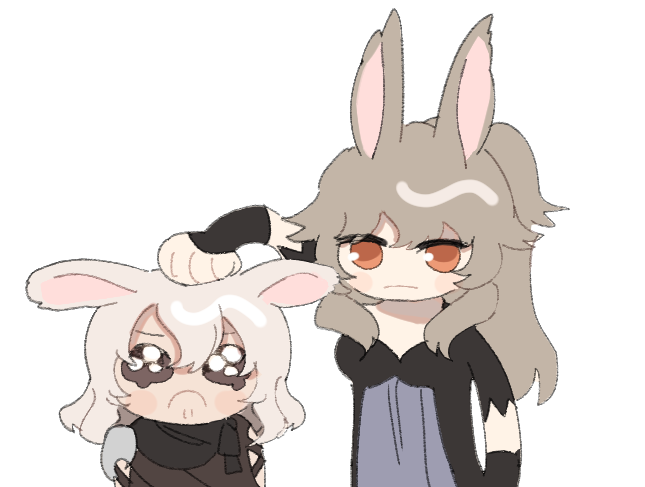 1boy 1girl animal_ears chibi chibi_only closed_mouth crying final_fantasy final_fantasy_xiv gg_dal grey_hair looking_at_viewer orange_eyes ponytail punching rabbit_ears simple_background tears viera warrior_of_light_(ff14) white_background