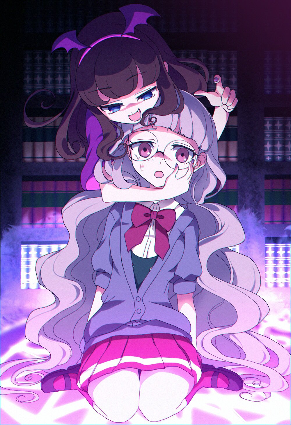 2girls :d avocado_academy_school_uniform bat_wings behind_another blue_eyes blunt_bangs book bookshelf brown_hair capelet cardigan collared_shirt commentary_request fang full_body glasses grey_cardigan grey_hair hairband hand_on_another's_face highres idol_time_pripara indoors koda_michiru kurosu_aroma long_hair looking_at_another looking_down marueri multiple_girls open_mouth pentagram pink_hairband pleated_skirt pretty_series pripara purple_capelet red_skirt red_socks round_eyewear school_uniform shirt shoes sitting skirt smile socks standing twintails wavy_hair white_shirt wings