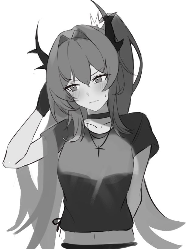 1girl arknights arm_behind_back averting_eyes blush breasts choker closed_mouth collarbone cropped_shirt embarrassed greyscale hair_between_eyes hair_intakes hand_in_own_hair horns large_breasts long_hair looking_to_the_side midriff monochrome multico navel short_sleeves sidelocks solo stomach surtr_(arknights) surtr_(liberte_echec)_(arknights) sweatdrop upper_body v-shaped_eyebrows