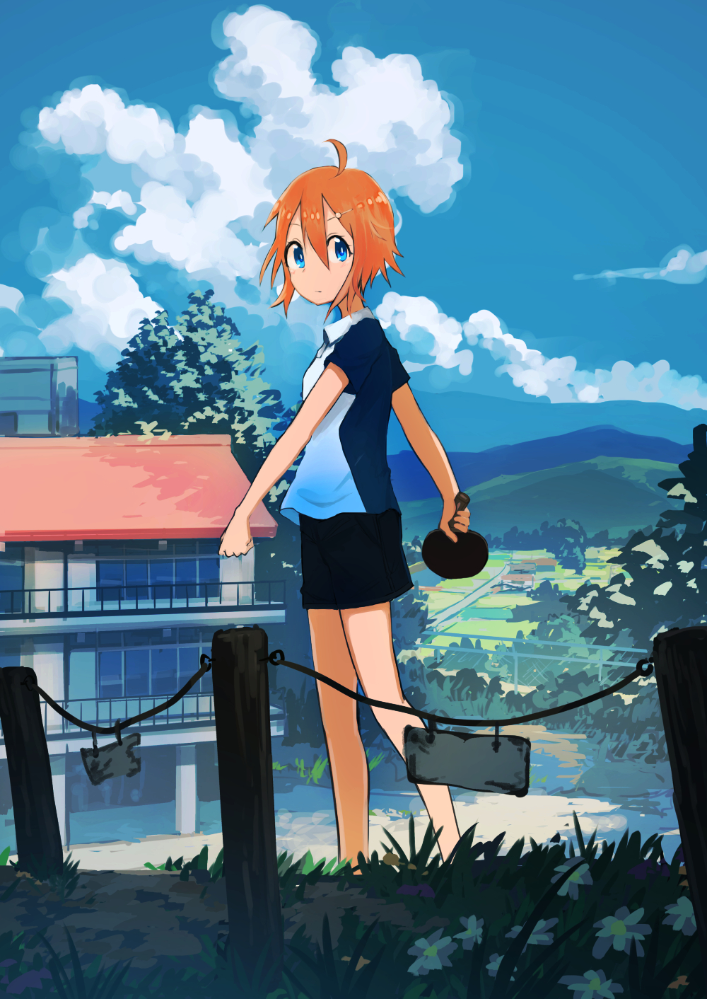 1girl ahoge black_shorts blue_eyes blue_shirt building closed_mouth clouds commentary_request cumulonimbus_cloud day fence grass highres inami_hatoko long_hair looking_at_viewer orange_hair original outdoors paddle shirt short_hair shorts sky solo standing table_tennis_paddle textless_version
