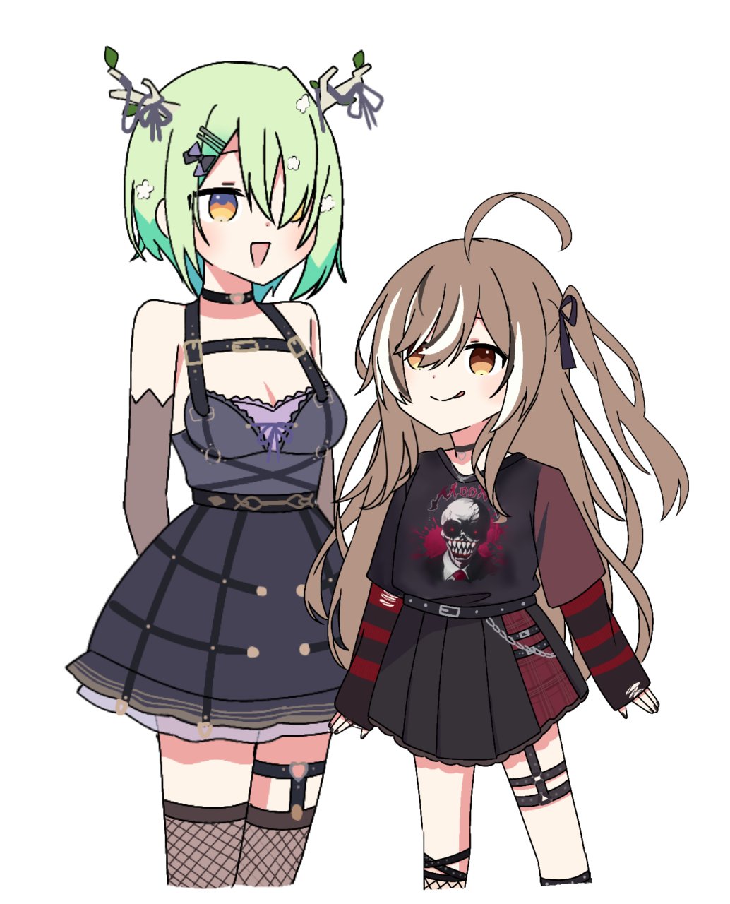 2girls :d :q aged_down ahoge antlers belt black_dress black_skirt black_sweater brown_eyes brown_hair ceres_fauna ceres_fauna_(4th_costume) choker crinoline dress emo_fashion fishnets flower giao2_ng goth_fashion green_hair hair_flower hair_ornament hair_over_one_eye harness hashtag_only_commentary heart heart_choker heart_o-ring highres hololive hololive_english horn_ornament horn_ribbon horns huge_ahoge lace-trimmed_choker lace_trim legwear_garter looking_at_another multicolored_hair multiple_girls nanashi_mumei nanashi_mumei_(4th_costume) nightmare_(nanashi_mumei) o-ring o-ring_choker o-ring_harness o-ring_thigh_strap official_alternate_costume official_alternate_hairstyle plaid plaid_skirt pleated_skirt red_skirt red_sweater ribbon see-through_dress_layer shirt_tucked_in short_hair single_legwear_garter skirt smile streaked_hair striped_clothes striped_sweater sweater sweater_under_shirt thigh-highs thigh_strap tongue tongue_out torn_clothes torn_sweater tree_horns two-tone_sweater virtual_youtuber yellow_eyes