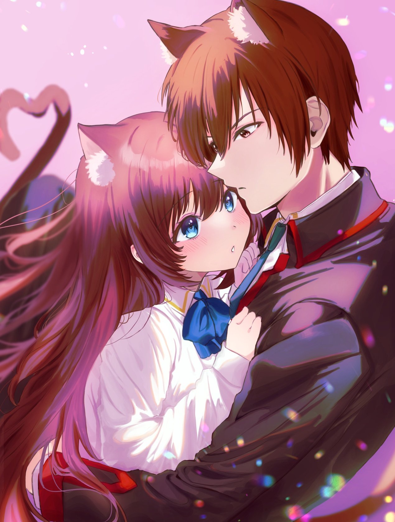 1boy 1girl a-chan_senpai animal_ear_fluff animal_ears black_jacket blue_bow blue_eyes blue_necktie blurry blush bow brown_eyes brown_hair cat_boy cat_ears cat_girl cat_tail collared_shirt commentary_request couple depth_of_field hair_between_eyes hands_on_another's_chest heart heart_tail hetero highres hug jacket kemonomimi_mode light_particles little_busters! little_busters!_school_uniform long_hair long_sleeves looking_at_another miiizuno_lbs natsume_kyousuke necktie parted_lips pink_background school_uniform shirt short_hair simple_background tail tareme tsurime white_shirt