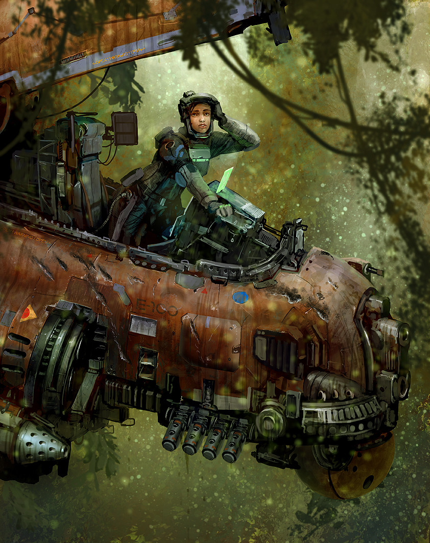 1girl belt black_belt black_gloves black_pants blurry blurry_foreground brown_eyes brown_hair cable edouard_groult english_commentary gloves green_jacket jacket jungle looking_at_viewer mecha nature open_hatch original pants parted_lips robot science_fiction solo