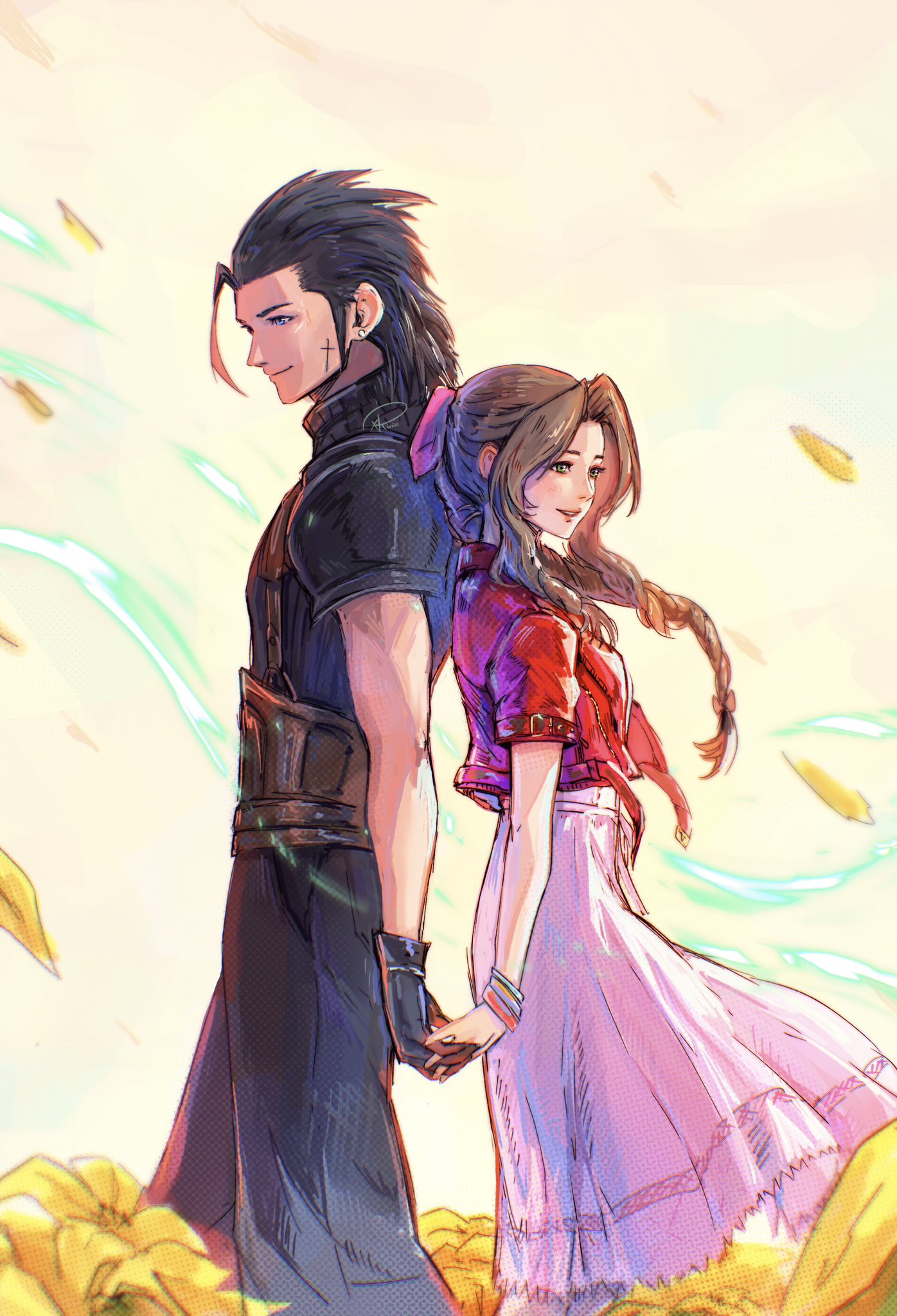 1boy 1girl aerith_gainsborough armor back-to-back bangle black_gloves black_hair blue_eyes bracelet braid braided_ponytail brown_hair closed_mouth couple crisis_core_final_fantasy_vii cross_scar dress earrings english_commentary falling_petals final_fantasy final_fantasy_vii final_fantasy_vii_remake flower gloves green_eyes hair_ribbon hair_slicked_back height_difference highres holding_hands jacket jewelry long_hair parted_bangs parted_lips petals pink_dress pink_ribbon red_jacket ribbon scar scar_on_cheek scar_on_face short_sleeves shoulder_armor sidelocks signature sleeveless sleeveless_turtleneck smile standing stud_earrings sweater turtleneck turtleneck_sweater xriviia yellow_flower zack_fair