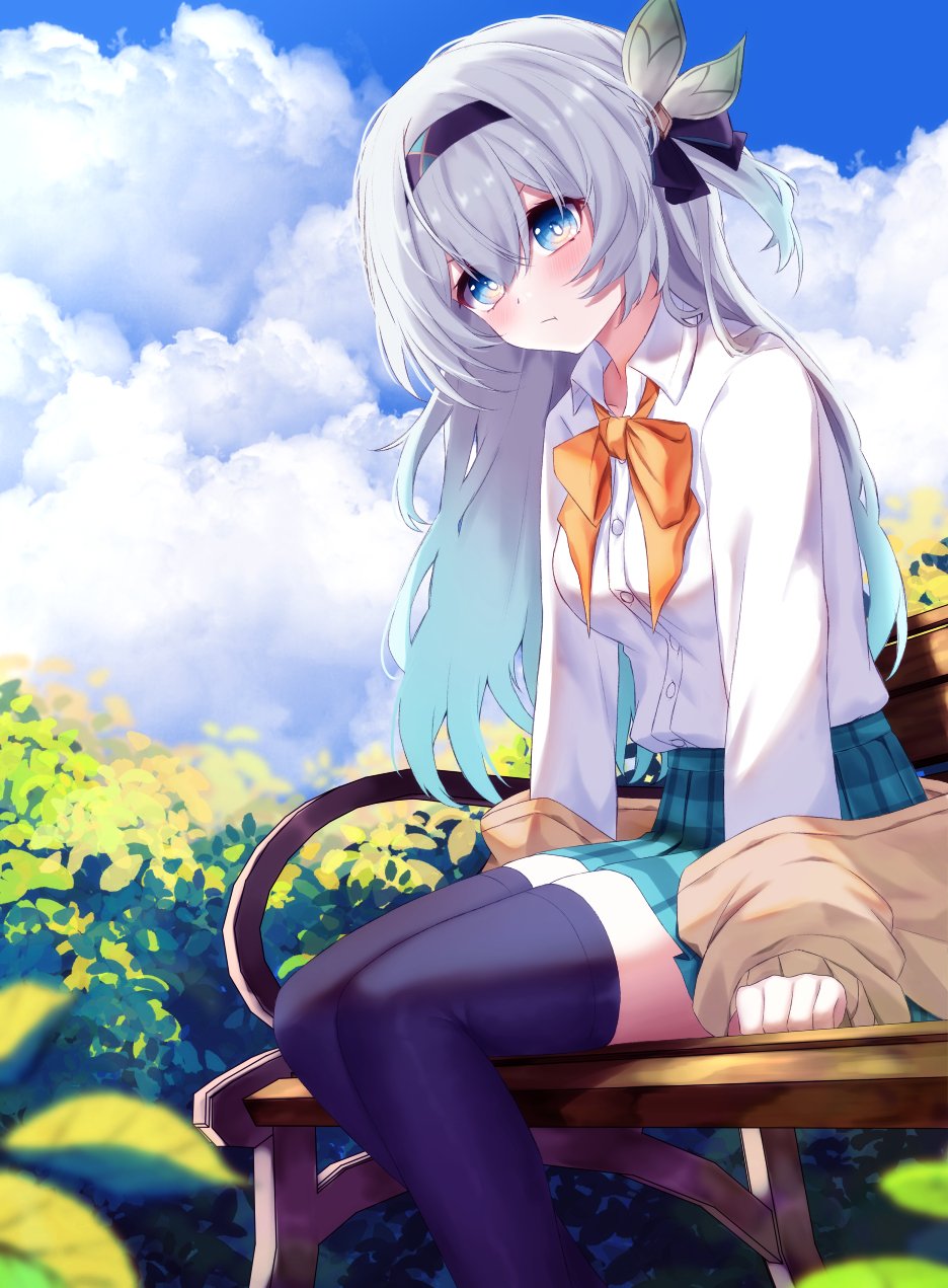1girl :t black_hairband black_ribbon black_thighhighs blue_eyes blue_skirt blue_sky blush bow bowtie brown_cardigan cardigan closed_mouth clouds cloudy_sky collared_shirt cowboy_shot day dot_nose firefly_(honkai:_star_rail) from_side grey_hair hair_bow hair_ribbon hairband high-waist_skirt highres honkai:_star_rail honkai_(series) jacket jacket_partially_removed long_hair long_sleeves looking_at_viewer miniskirt nature open_cardigan open_clothes open_collar orange_bow orange_bowtie outdoors photo_(medium) plant pleated_skirt pout ribbon school_uniform shirt shirt_tucked_in sidelocks sitting skirt sky solo thigh-highs v-shaped_eyebrows white_bow wing_collar zekens_(dnvt2447) zettai_ryouiki