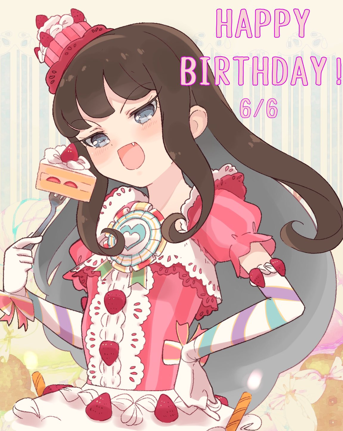 1girl :d birthday_cake blue_eyes blush brown_hair cake cake_hat cake_slice candle commentary cowboy_shot dress elbow_gloves fang food food-themed_clothes fork fruit gloves hand_on_own_hip hand_up happy_birthday highres holding holding_fork hyakumangoku_masurao kurosu_aroma long_hair looking_at_viewer open_mouth pink_dress pretty_series pripara puffy_short_sleeves puffy_sleeves short_sleeves smile solo standing strawberry strawberry_shortcake symbol-only_commentary white_gloves