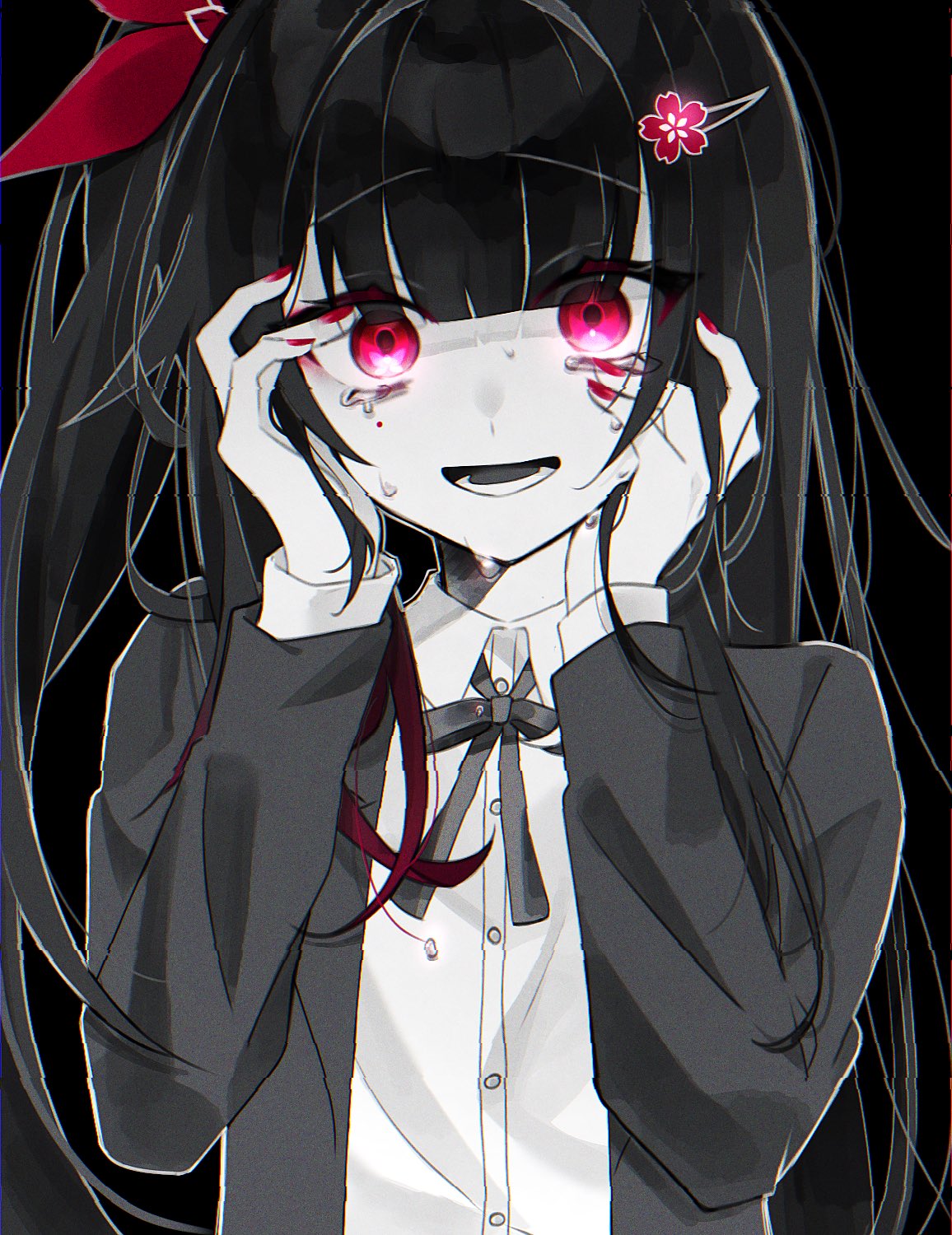 1girl blazer bow collared_shirt crying crying_with_eyes_open glowing glowing_eyes greyscale hair_bow hair_ornament hairclip hands_on_own_cheeks hands_on_own_face highres honkai:_star_rail honkai_(series) jacket long_hair looking_at_viewer monochrome nail_polish open_clothes open_jacket open_mouth pink_eyes red_bow red_nails school_uniform shirt smile solo sparkle_(honkai:_star_rail) spot_color straight-on syarou tears teeth twintails upper_body yandere