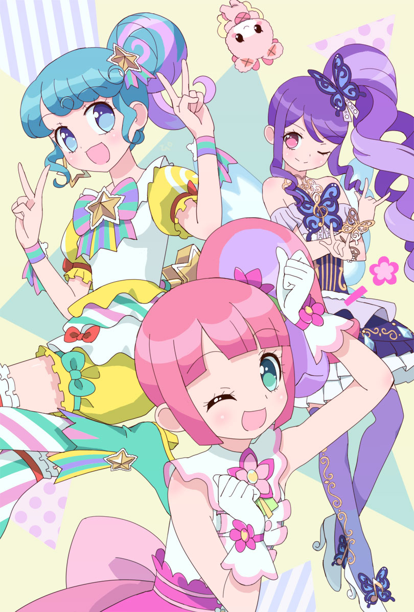 3girls ;d arm_up bare_shoulders blue_eyes blue_hair blunt_sidelocks boots breasts butterfly_hair_ornament closed_mouth commentary_request double_v dress flower gloves green_eyes hair_bun hair_flower hair_ornament hand_up hands_up high_heel_boots high_heels idol_clothes junon_(pripara) kanon_(pripara) ku_(residual666) long_hair looking_at_viewer multicolored_hair multiple_girls one_eye_closed open_mouth pink_flower pink_hair pink_skirt pinon_(pripara) pretty_series pripara purple_dress purple_hair purple_thighhighs red_eyes shirt short_sleeves side_ponytail sidelocks single_side_bun skirt small_breasts smile standing star_(symbol) streaked_hair thigh-highs usacha v white_gloves white_shirt