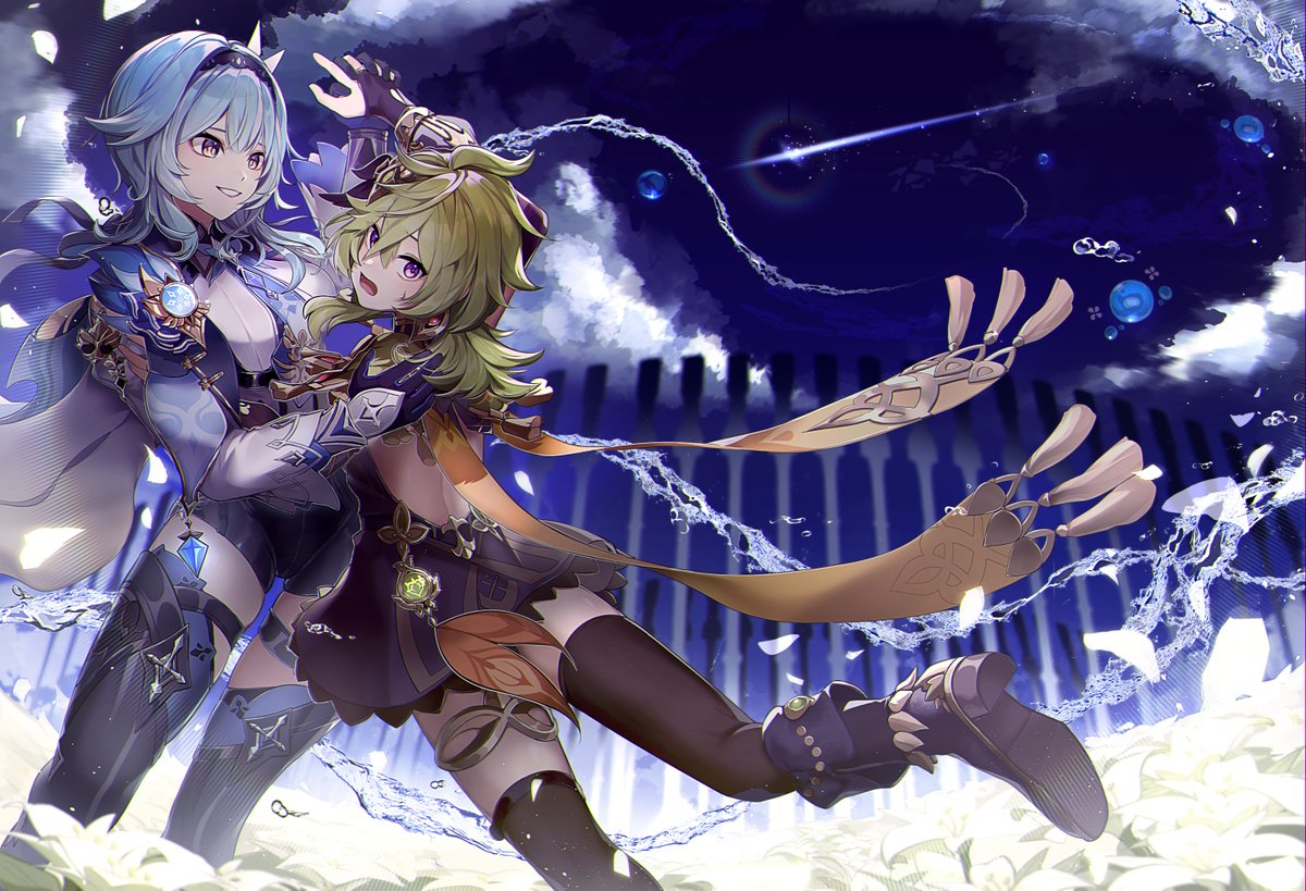 2girls backless_outfit black_gloves black_thighhighs blue_hair boots breasts bridal_gauntlets capelet chest_harness clouds collei_(genshin_impact) comet dancing eula_(genshin_impact) feet_out_of_frame field flower flower_field foot_out_of_frame genshin_impact gloves green_hair hand_on_another's_hip harness holding_hands hydro_eidolon_(genshin_impact) interlocked_fingers kamino_eru long_sleeves medium_hair multiple_girls sky sweatdrop thigh-highs tripping violet_eyes vision_(genshin_impact) water