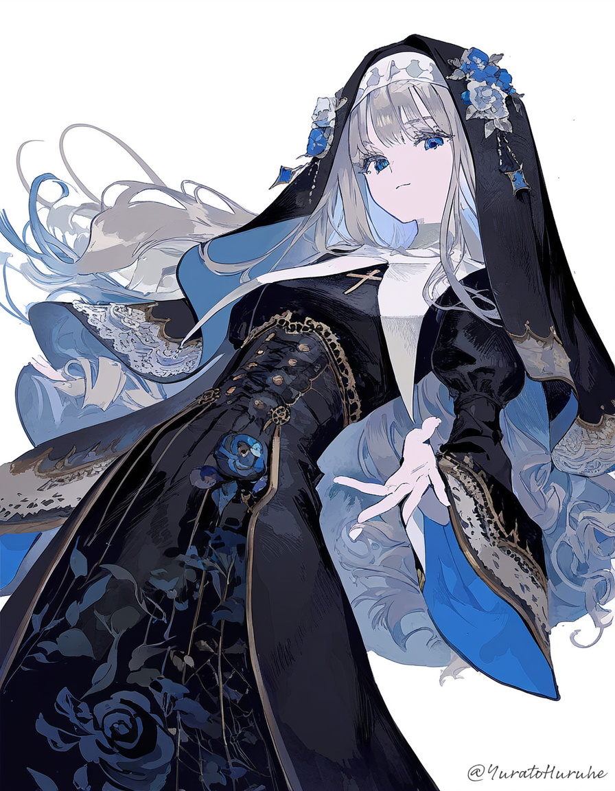 1girl blue_eyes cross cross_necklace dress eyelashes floral_print flower from_below grey_hair habit jewelry light_smile long_hair looking_at_viewer necklace nun original pale_skin smile solo standing twitter_username very_long_hair wavy_ends white_background yuratohuruhe