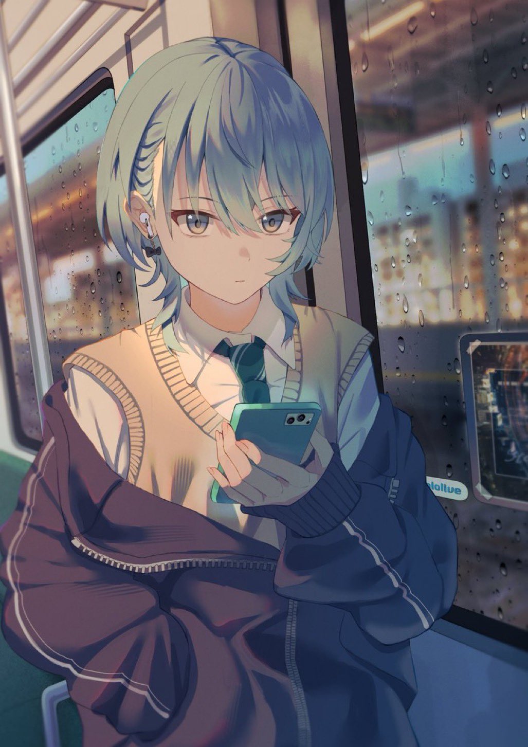 1girl alternate_costume alternate_hairstyle blue_eyes blue_hair blurry blurry_background breasts cellphone closed_mouth commentary_request earphones earphones earrings green_necktie hair_between_eyes hand_in_pocket highres holding holding_phone hololive hoshimachi_suisei jacket jewelry light_frown looking_at_viewer loose_necktie maria_onnette necktie off_shoulder open_clothes open_jacket partially_unzipped phone school_uniform shirt short_hair small_breasts smartphone solo star_(symbol) star_in_eye sweater_vest symbol_in_eye train_interior water_drop white_shirt window yellow_sweater_vest