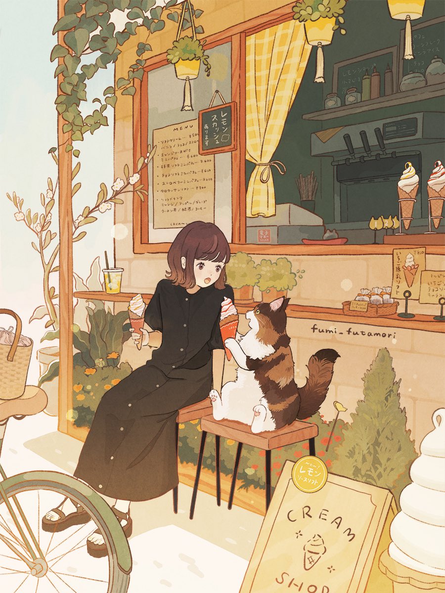 1girl :o bag basket bicycle black_dress black_footwear blunt_bangs blush bob_cut bottle brown_hair bush calico cat cup curtains dot_nose dress drinking_straw english_text flower food fumi_futamori hanging_plant highres holding holding_ice_cream_cone ice_cream ice_cream_bar ice_cream_cone jar long_dress looking_at_animal no_socks open_mouth original outdoors plaid_curtains plant platform_footwear potted_plant red_flower sandals short_hair short_sleeves sidelocks sitting solo stool storefront tail_raised vines white_background